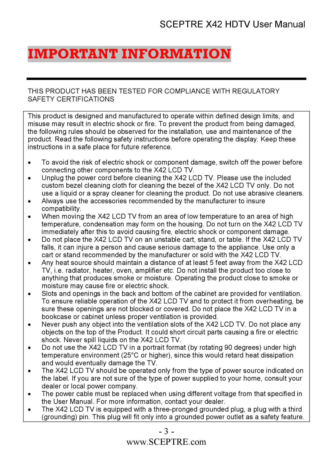 Sceptre Technologies X42 user manual Important Information 