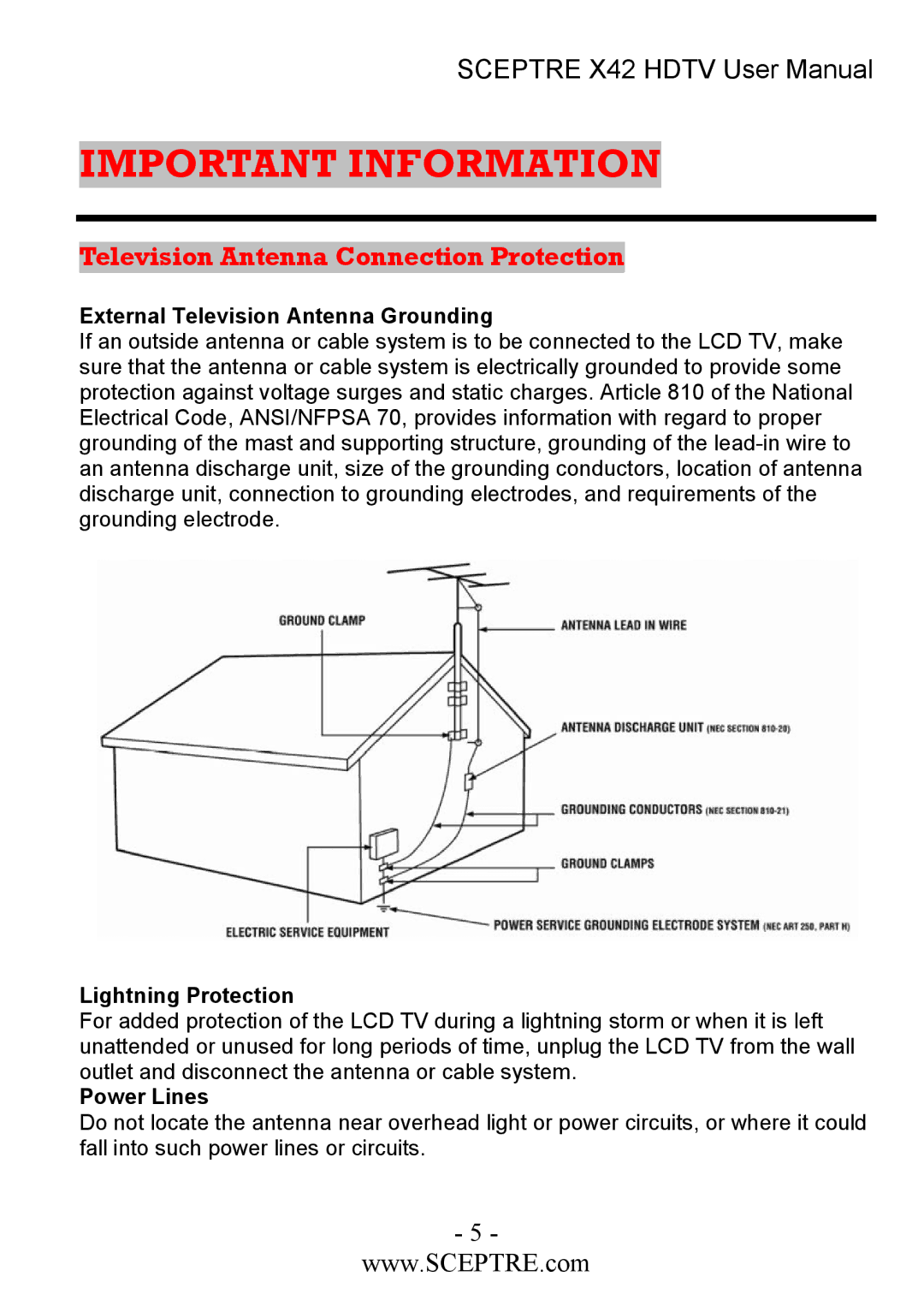 Sceptre Technologies X42 user manual Television Antenna Connection Protection 