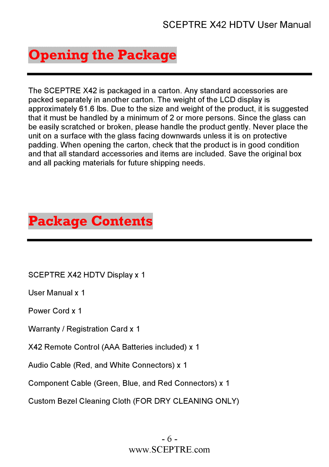 Sceptre Technologies X42 user manual Opening the Package, Package Contents 