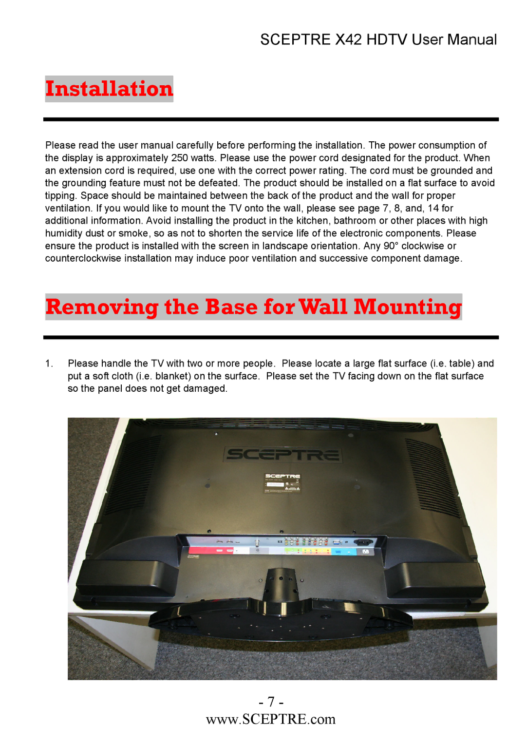 Sceptre Technologies X42 user manual Installation Removing the Base for Wall Mounting 