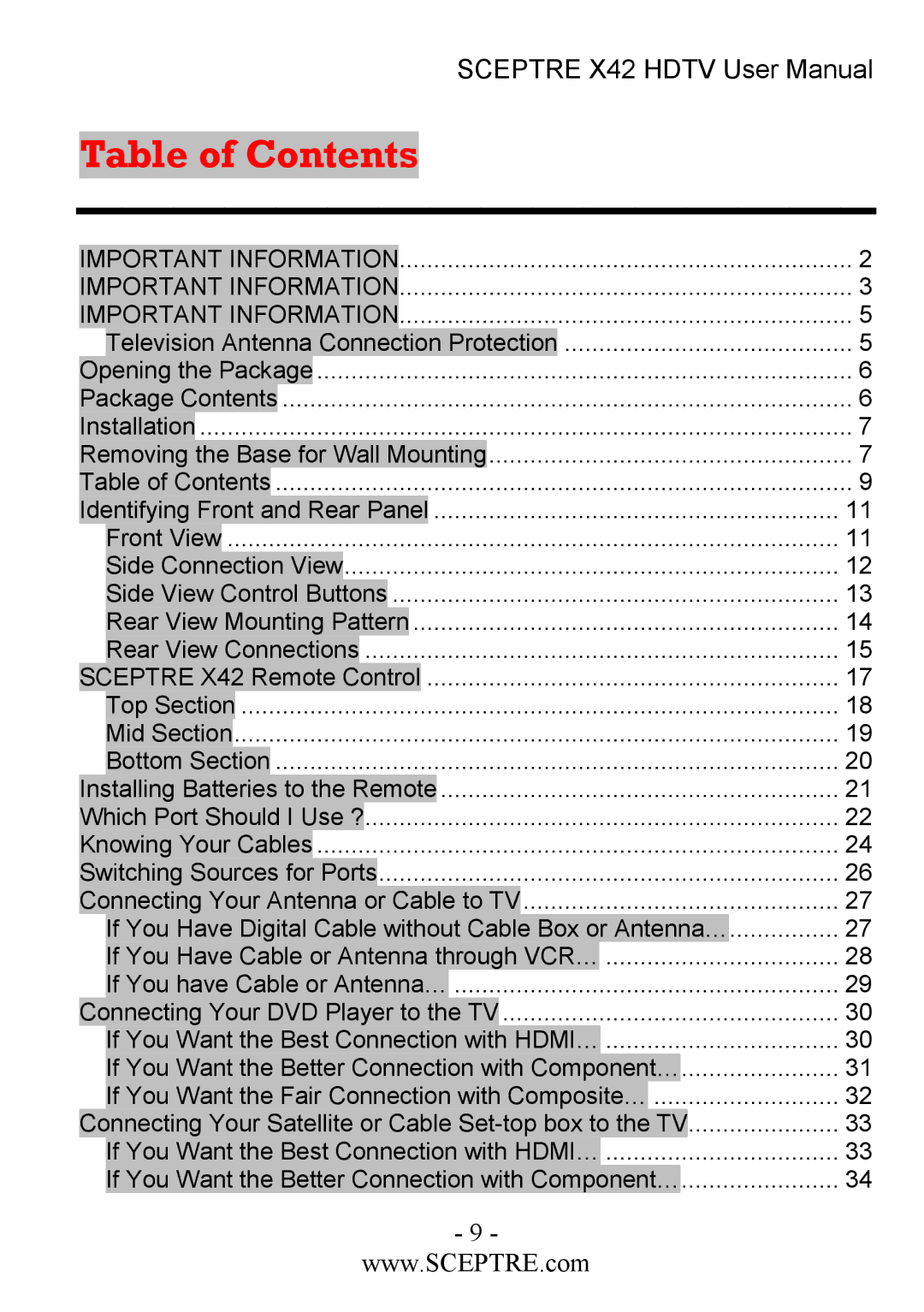 Sceptre Technologies X42 user manual Table of Contents 