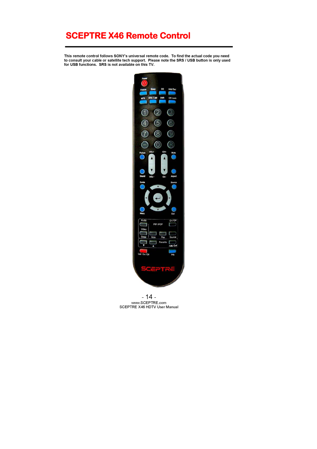 Sceptre Technologies user manual Sceptre X46 Remote Control 