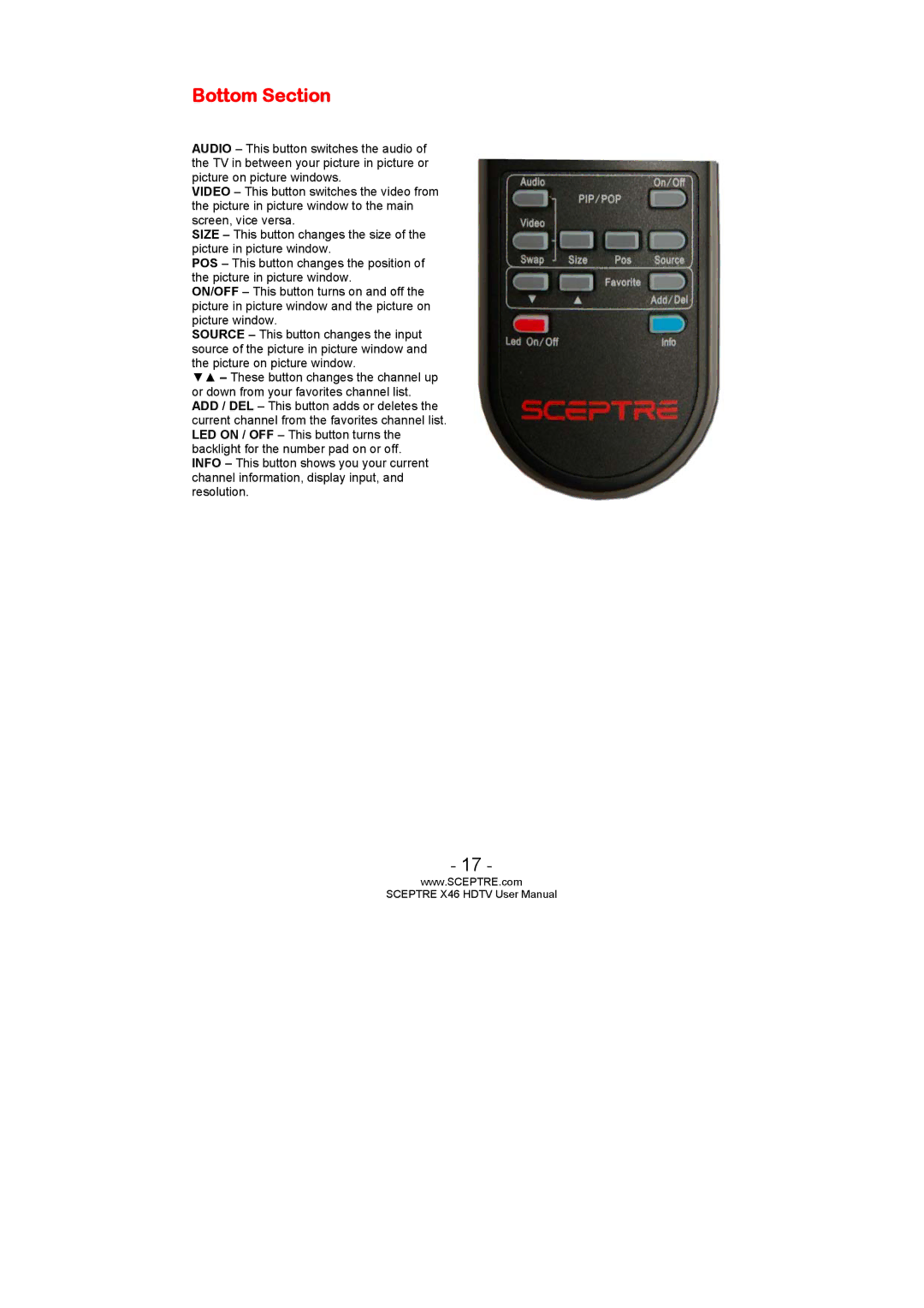 Sceptre Technologies X46 user manual Bottom Section 