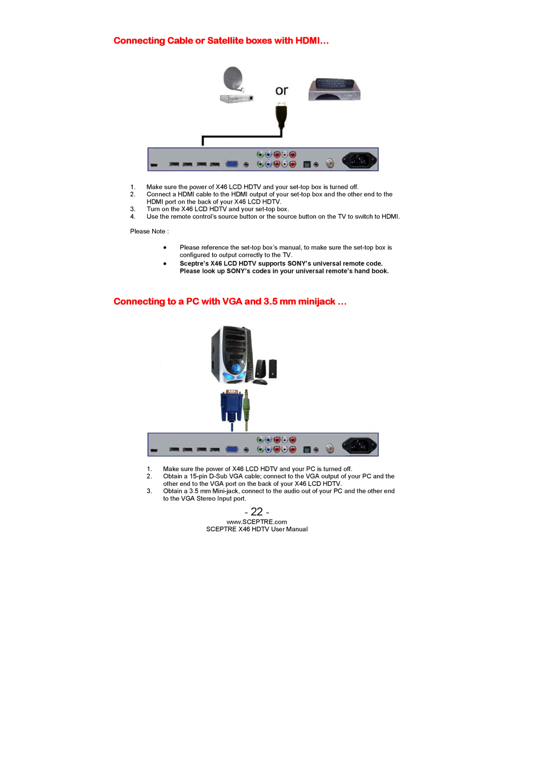 Sceptre Technologies X46 user manual Connecting Cable or Satellite boxes with HDMI… 