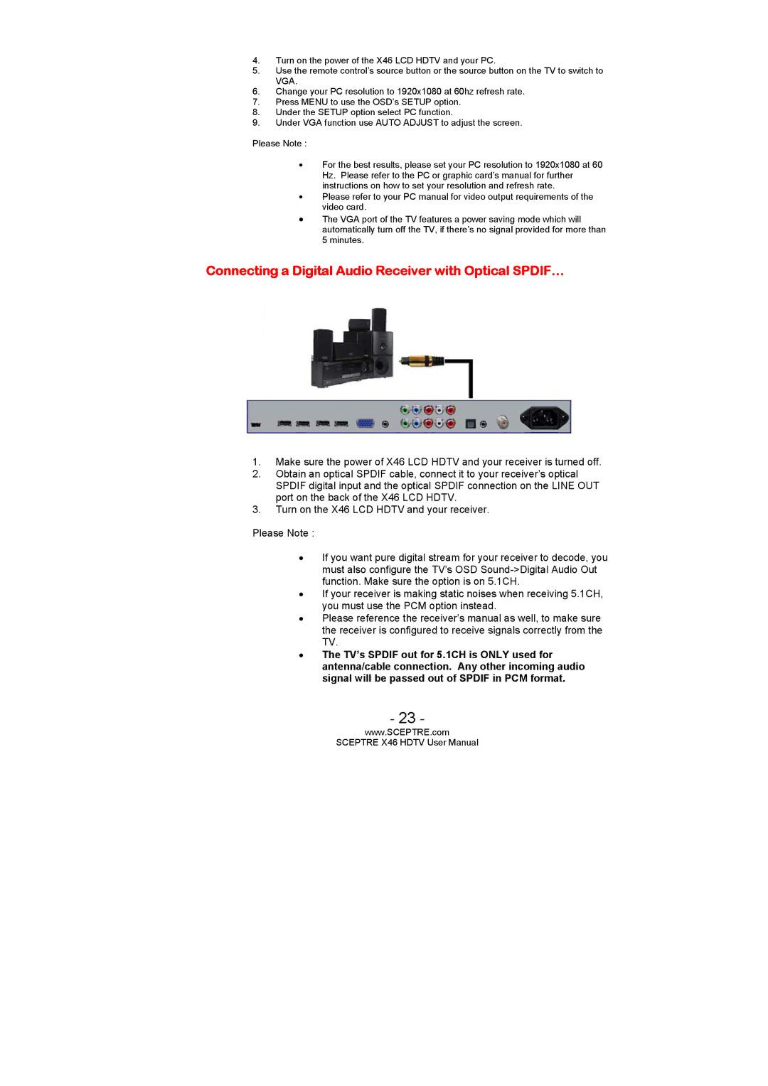 Sceptre Technologies X46 user manual Connecting a Digital Audio Receiver with Optical SPDIF… 