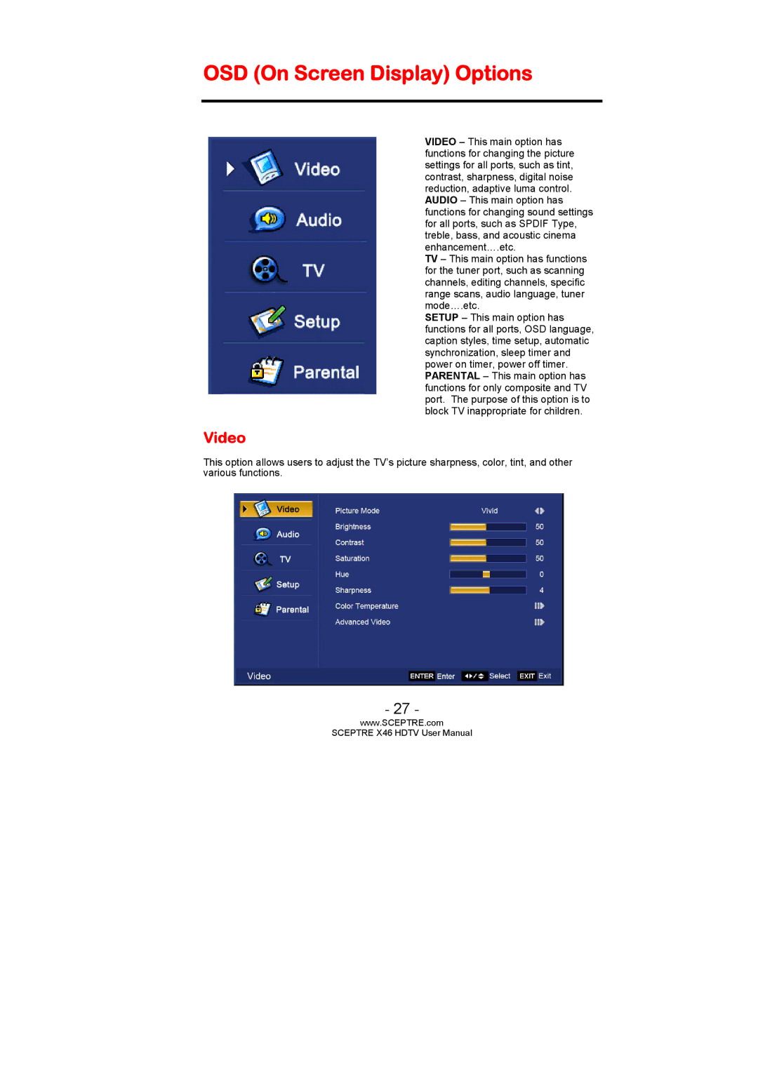 Sceptre Technologies X46 user manual OSD On Screen Display Options, Video 