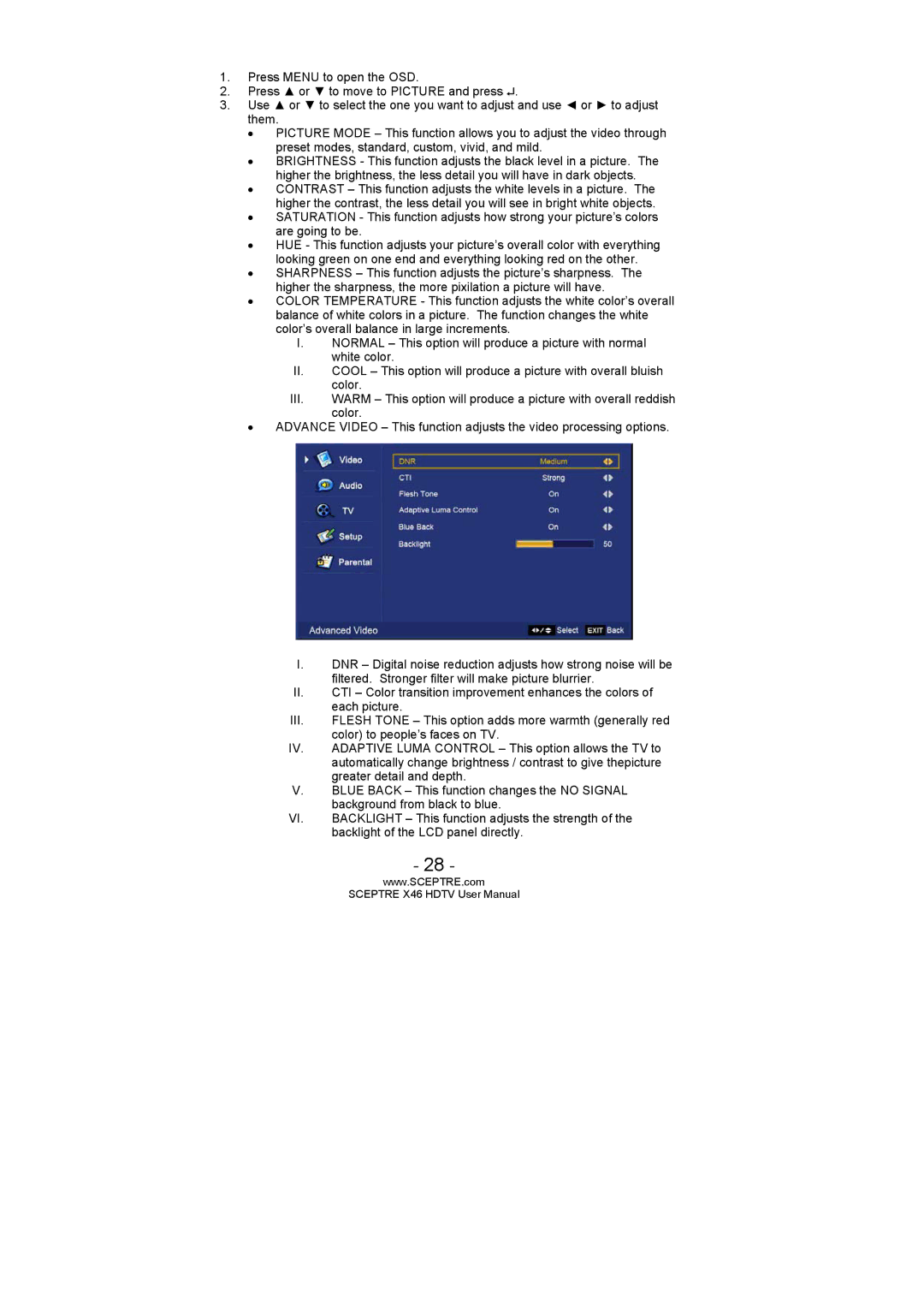 Sceptre Technologies X46 user manual Backlight of the LCD panel directly 