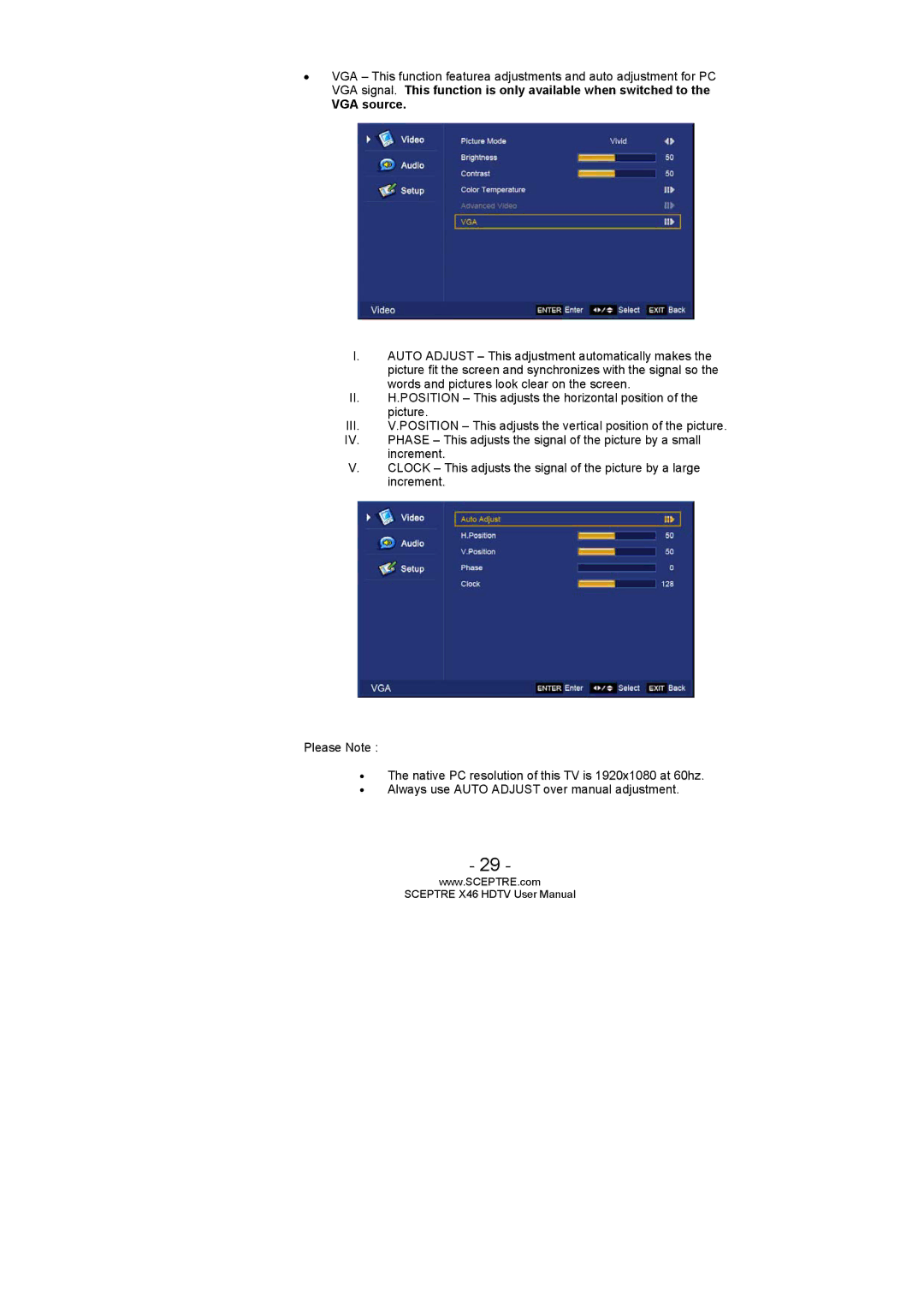 Sceptre Technologies X46 user manual VGA source 