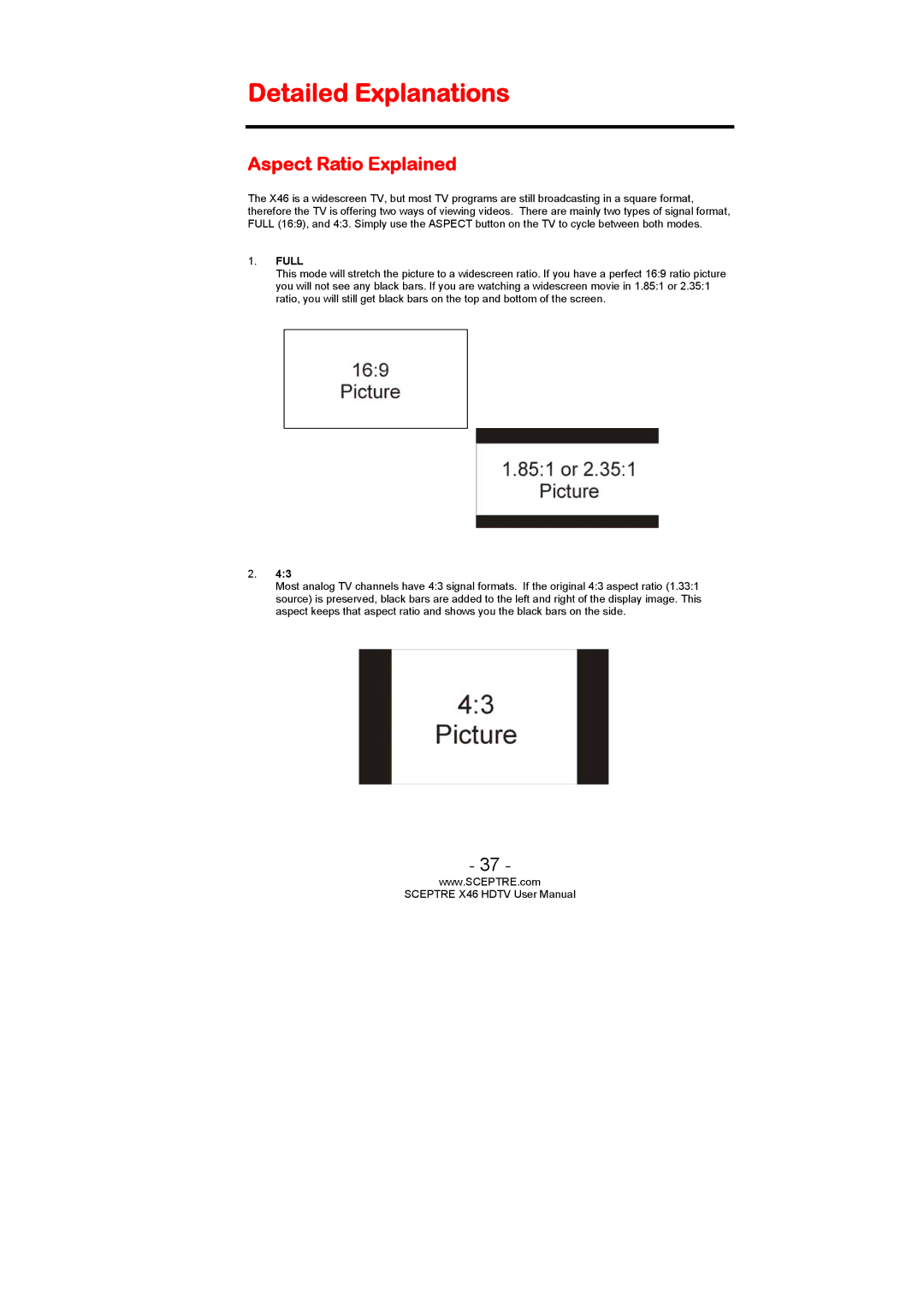 Sceptre Technologies X46 user manual Detailed Explanations, Aspect Ratio Explained 