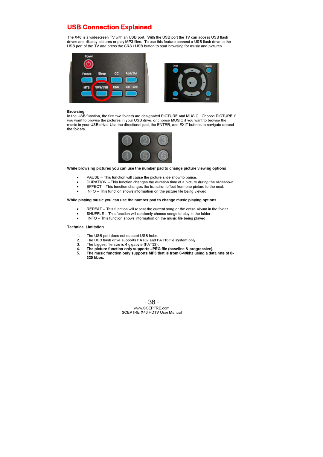 Sceptre Technologies X46 user manual USB Connection Explained, Browsing, Technical Limitation 