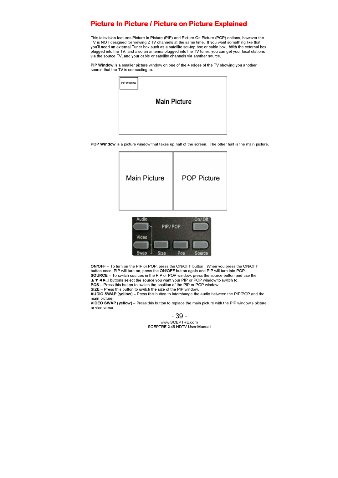 Sceptre Technologies X46 user manual Picture In Picture / Picture on Picture Explained 