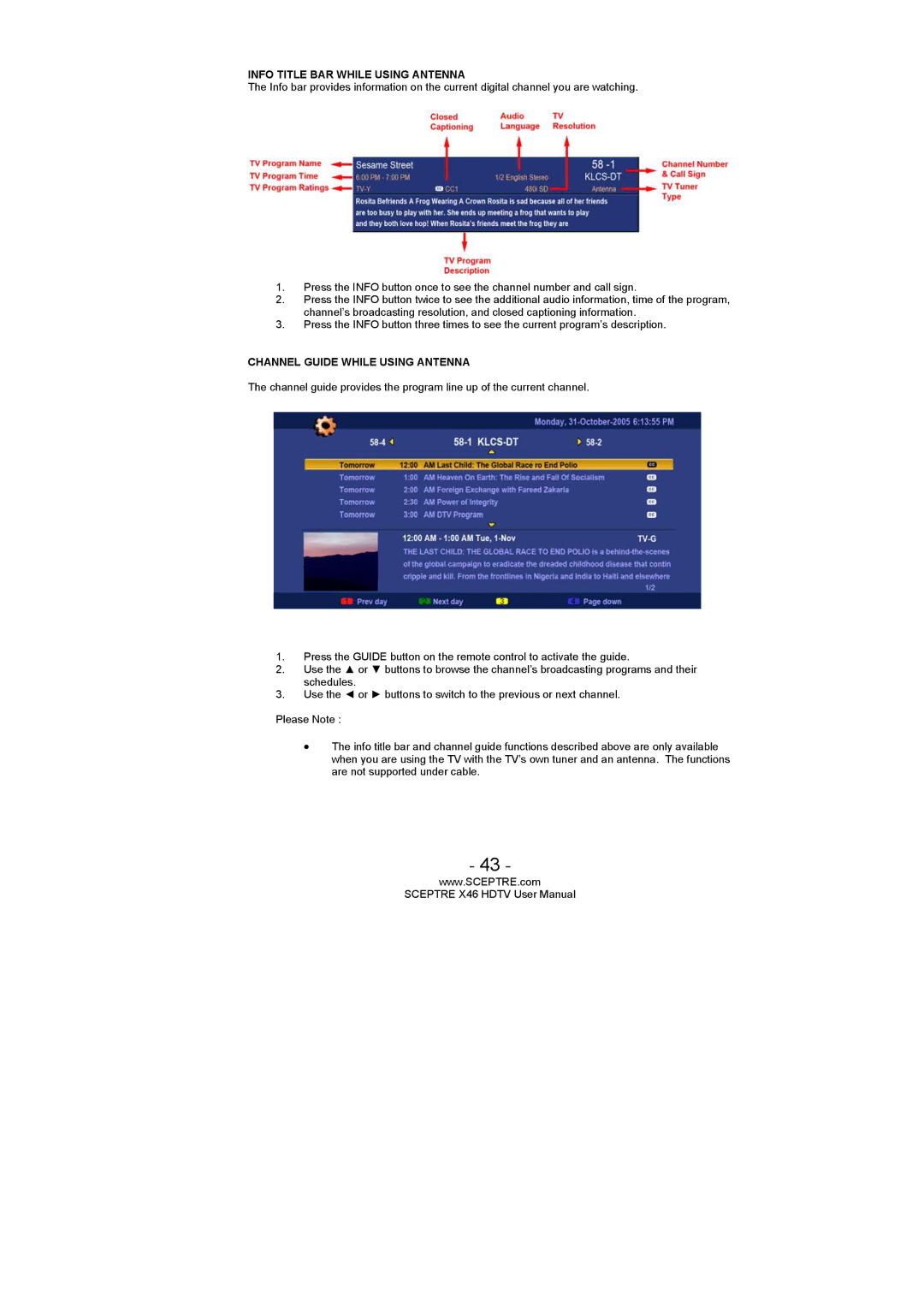 Sceptre Technologies X46 user manual Info Title BAR While Using Antenna 