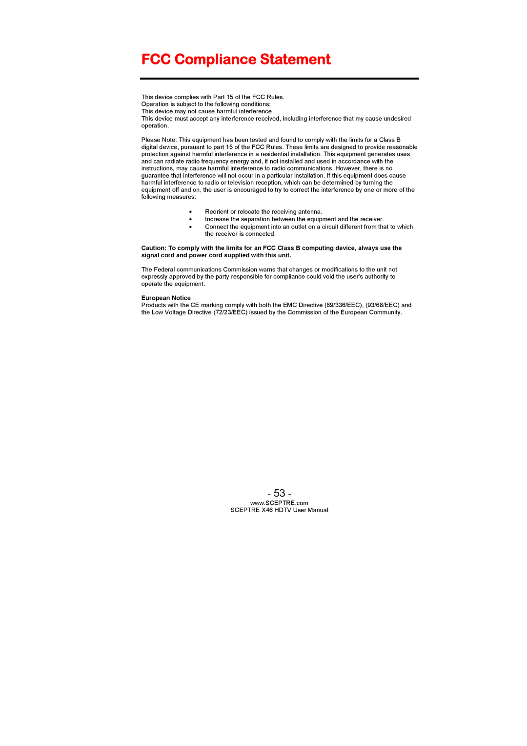 Sceptre Technologies X46 user manual FCC Compliance Statement, European Notice 