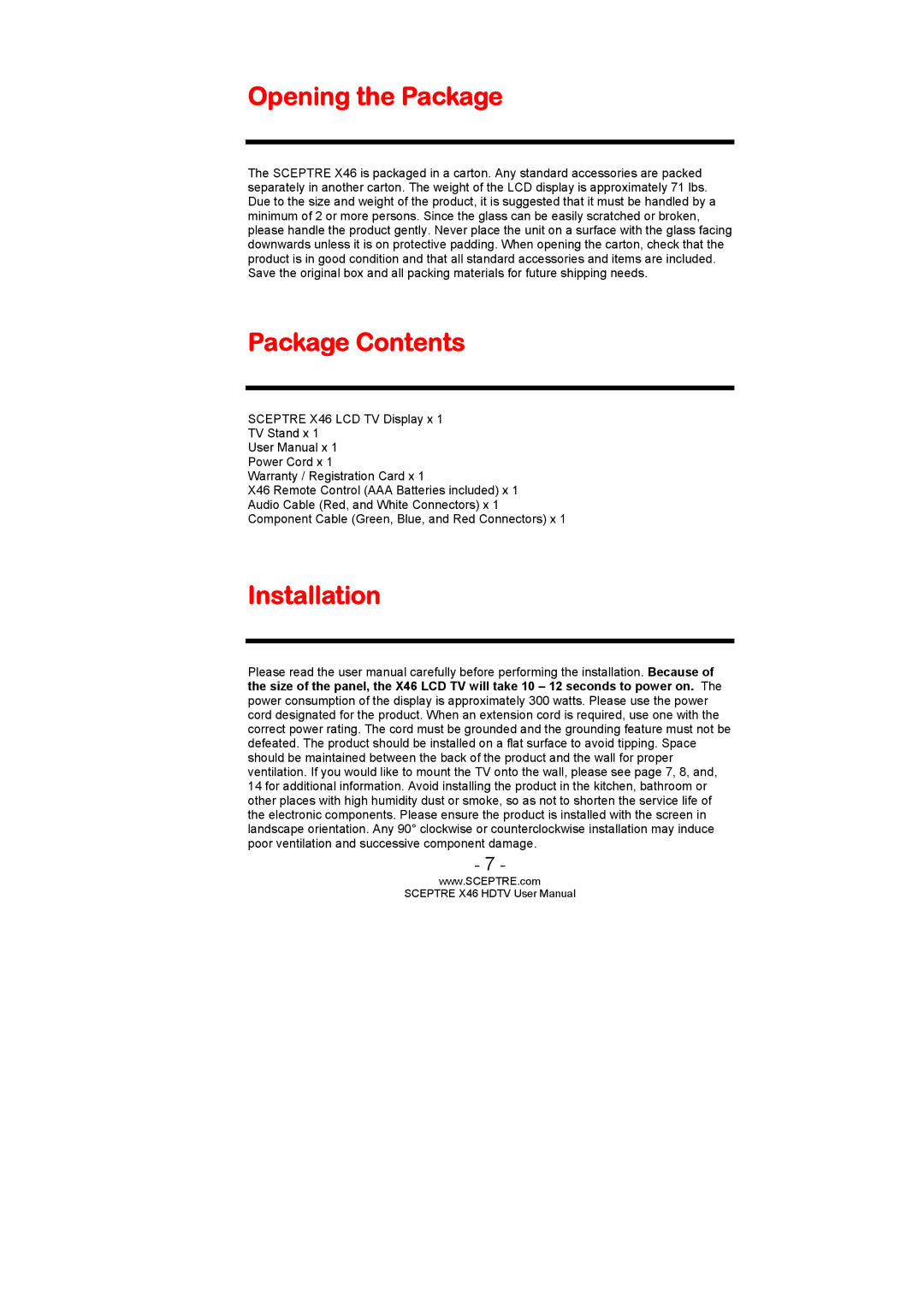 Sceptre Technologies X46 user manual Opening the Package, Package Contents, Installation 