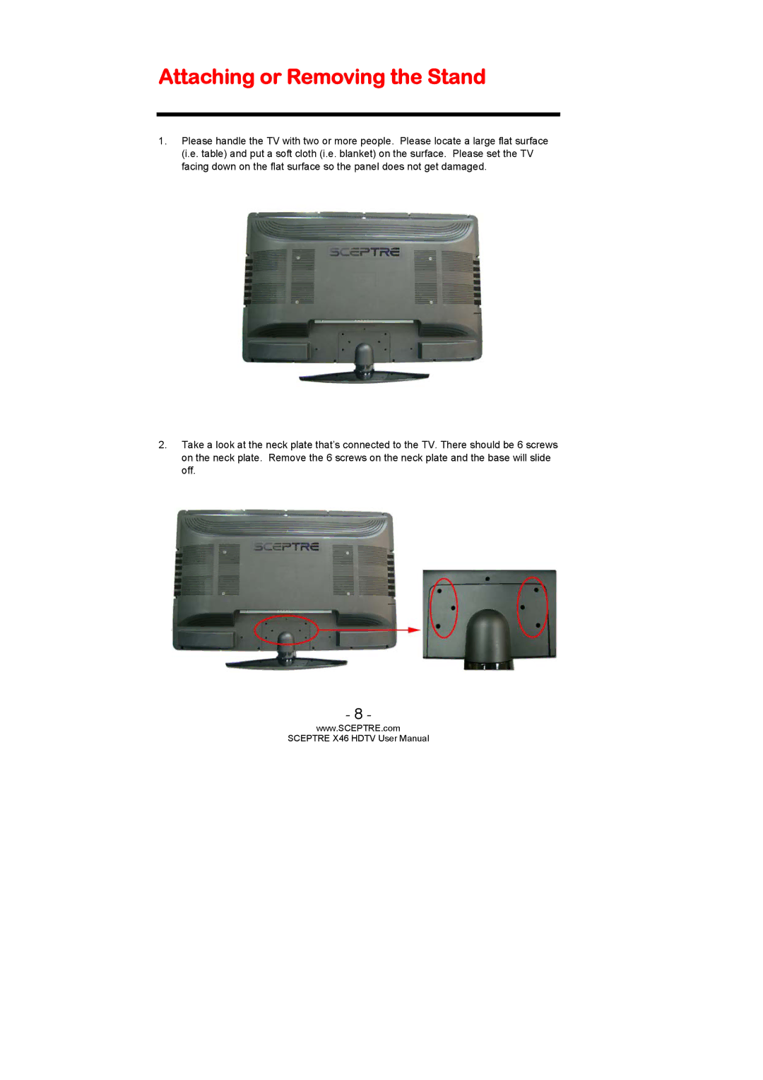 Sceptre Technologies X46 user manual Attaching or Removing the Stand 