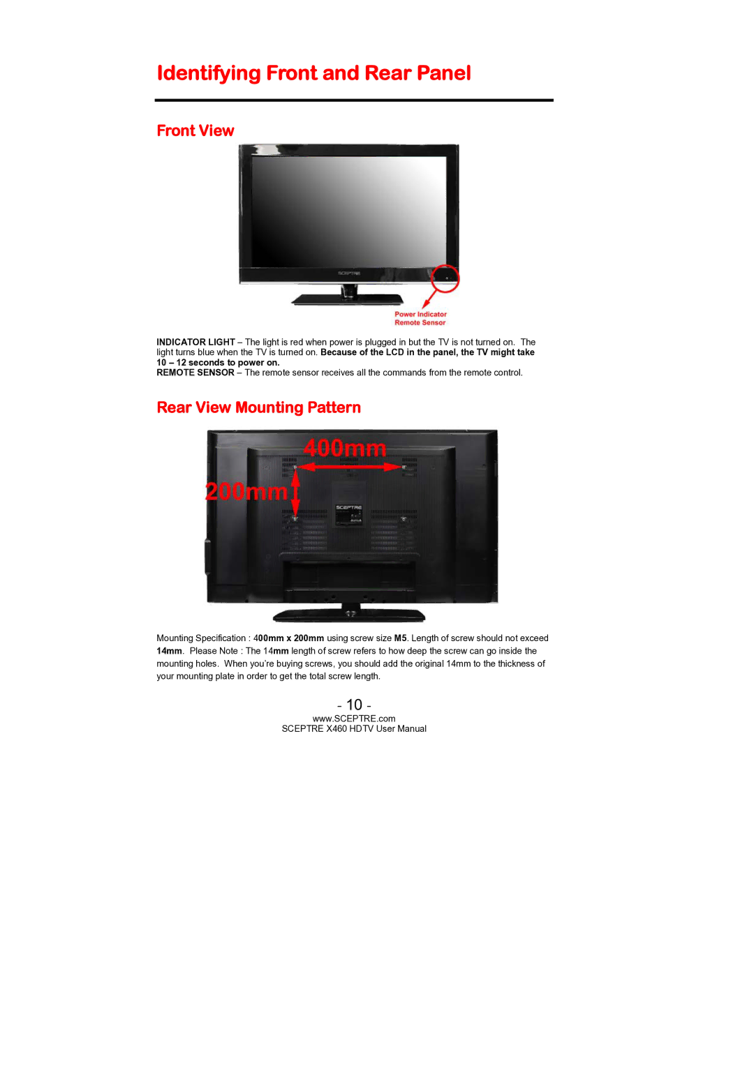 Sceptre Technologies X460 user manual Identifying Front and Rear Panel, Front View, Rear View Mounting Pattern 