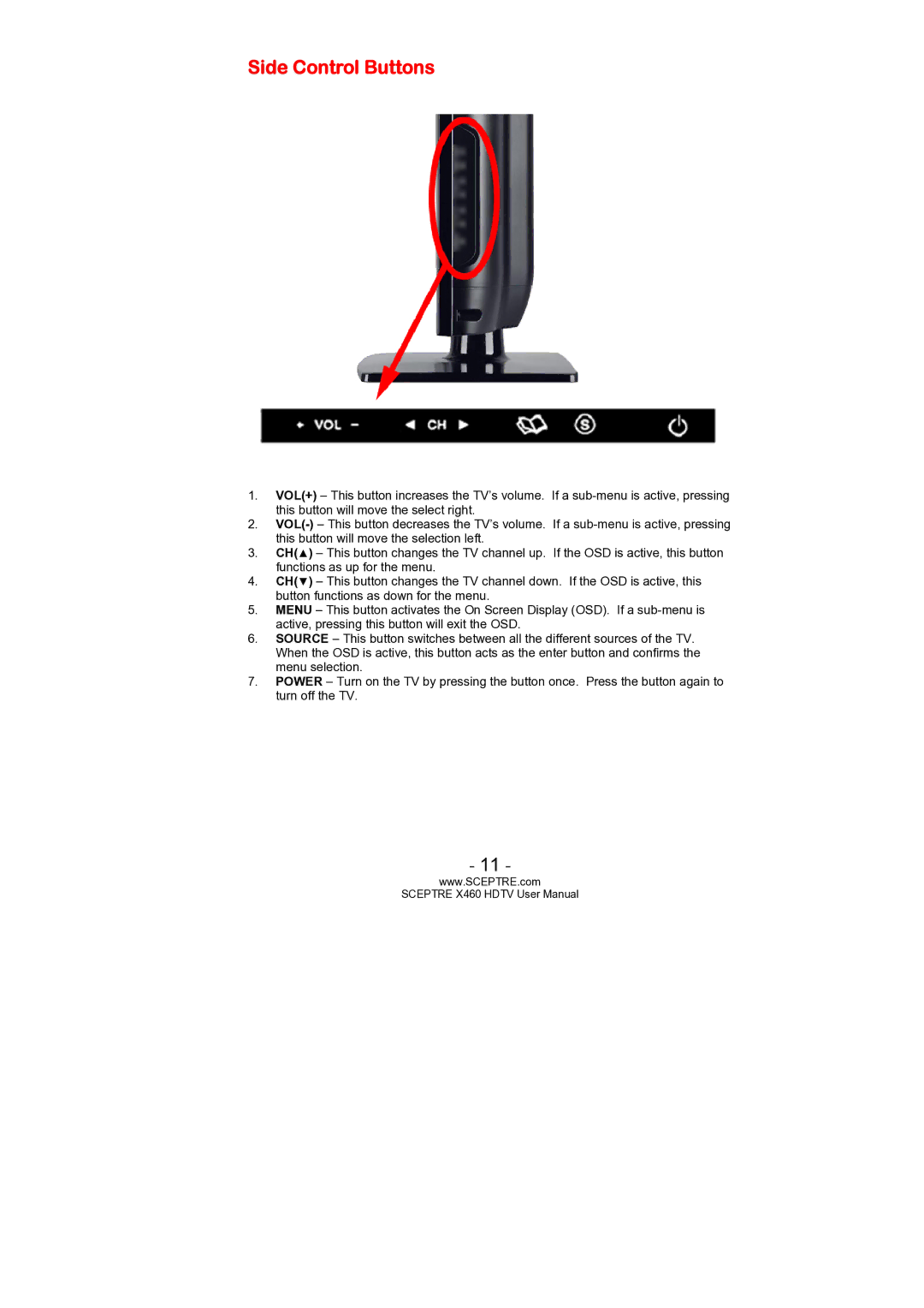 Sceptre Technologies X460 user manual Side Control Buttons 