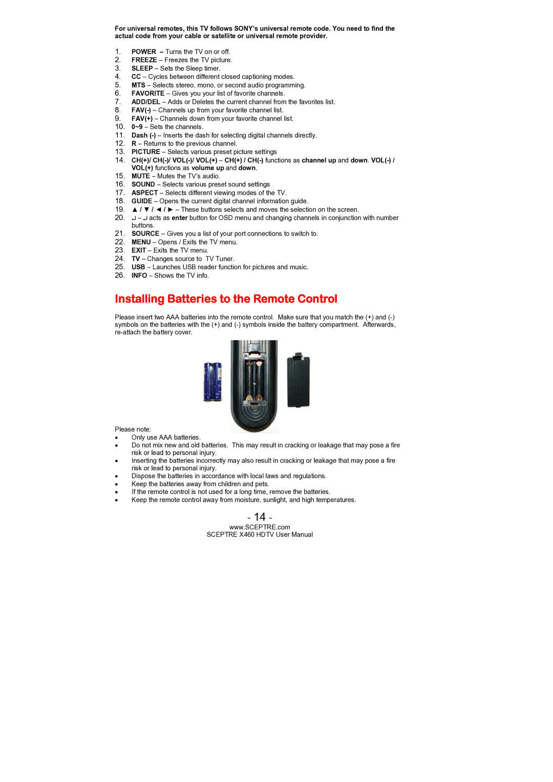 Sceptre Technologies X460 user manual Installing Batteries to the Remote Control 