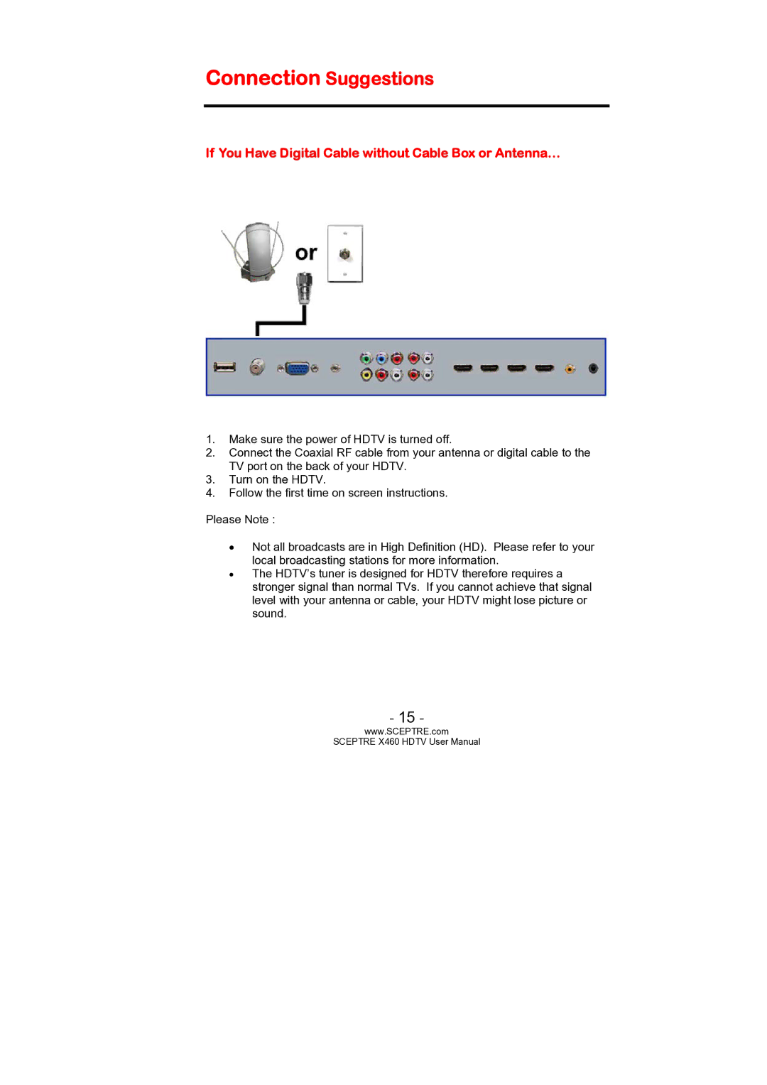 Sceptre Technologies X460 user manual Connection Suggestions, If You Have Digital Cable without Cable Box or Antenna… 