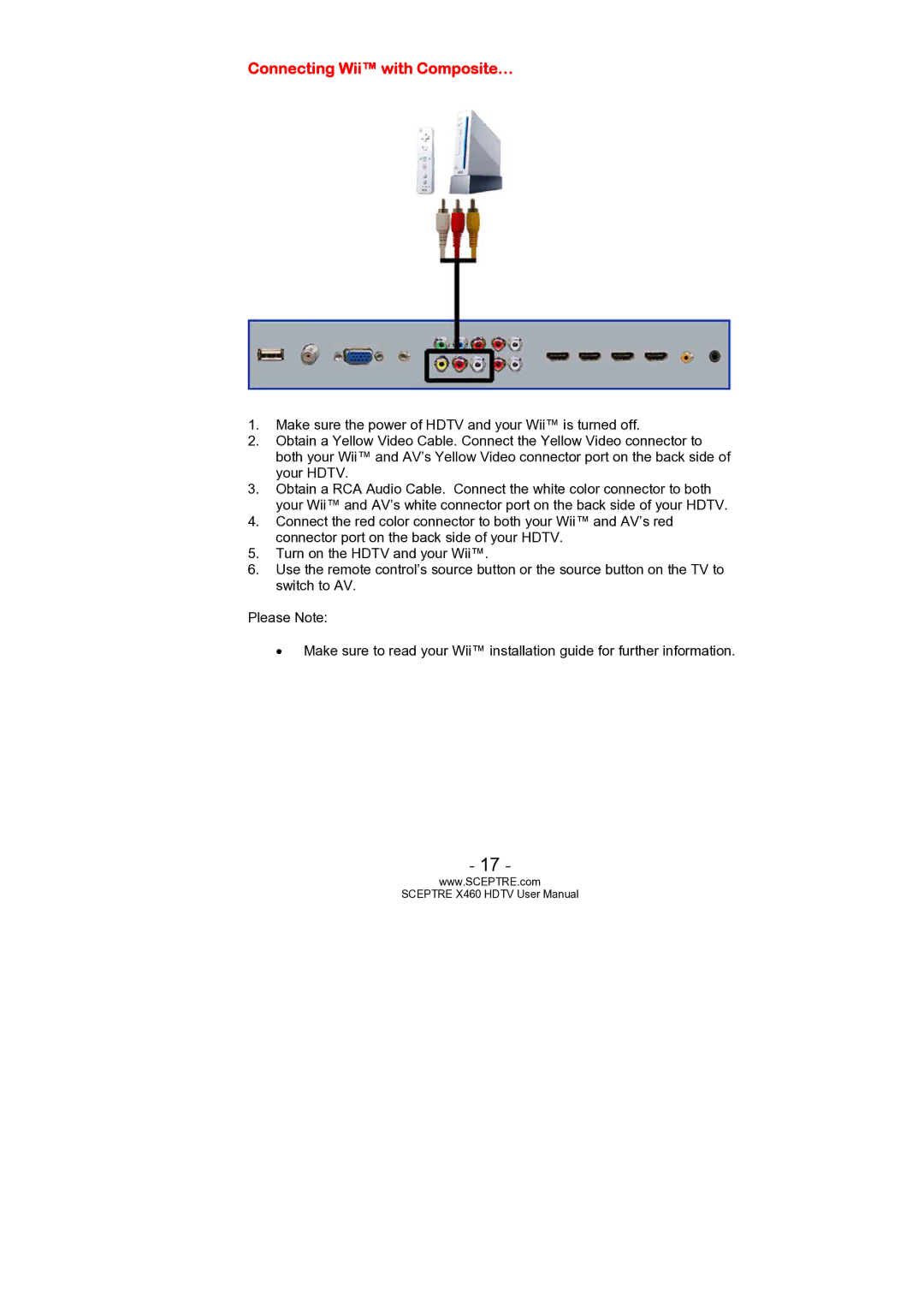 Sceptre Technologies X460 user manual Connecting Wii with Composite… 