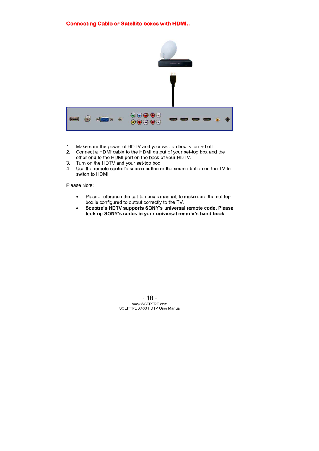 Sceptre Technologies X460 user manual Connecting Cable or Satellite boxes with HDMI… 