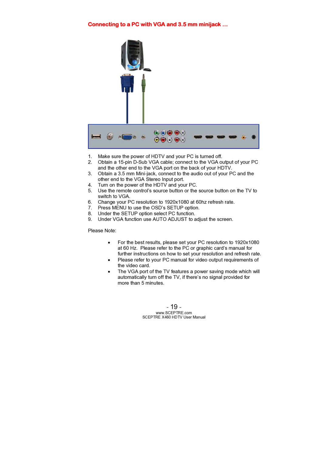 Sceptre Technologies X460 user manual Connecting to a PC with VGA and 3.5 mm minijack … 