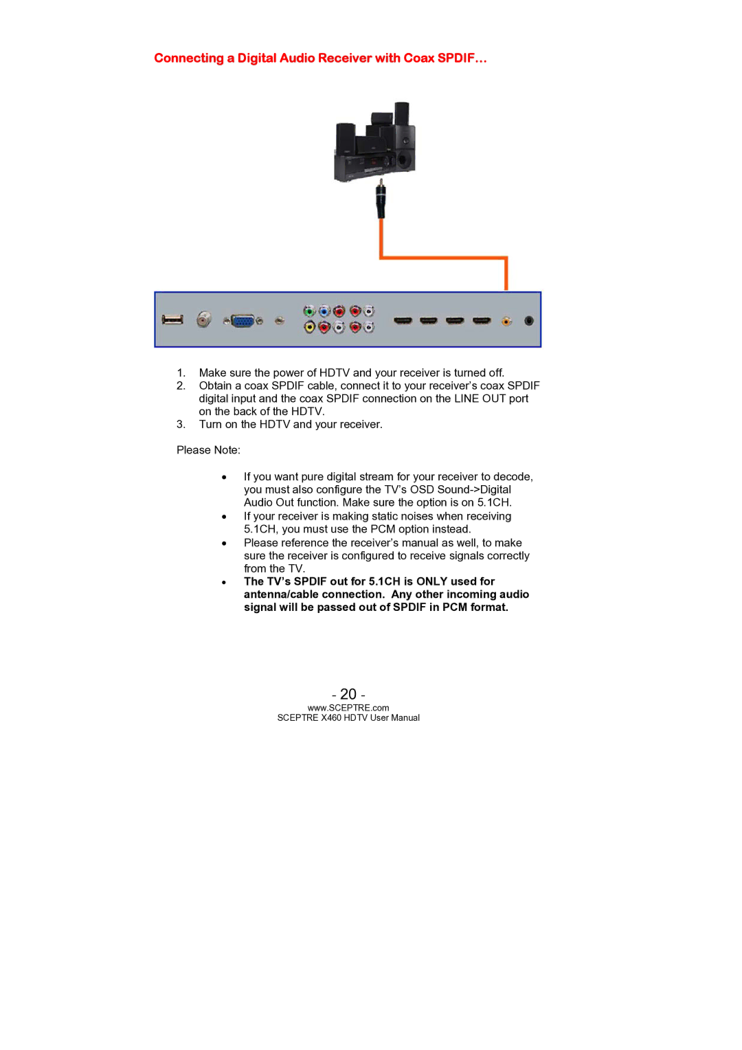 Sceptre Technologies X460 user manual Connecting a Digital Audio Receiver with Coax SPDIF… 