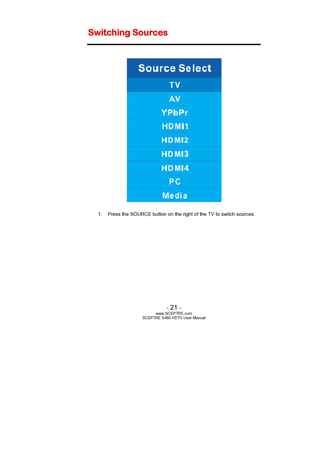 Sceptre Technologies X460 user manual Switching Sources 