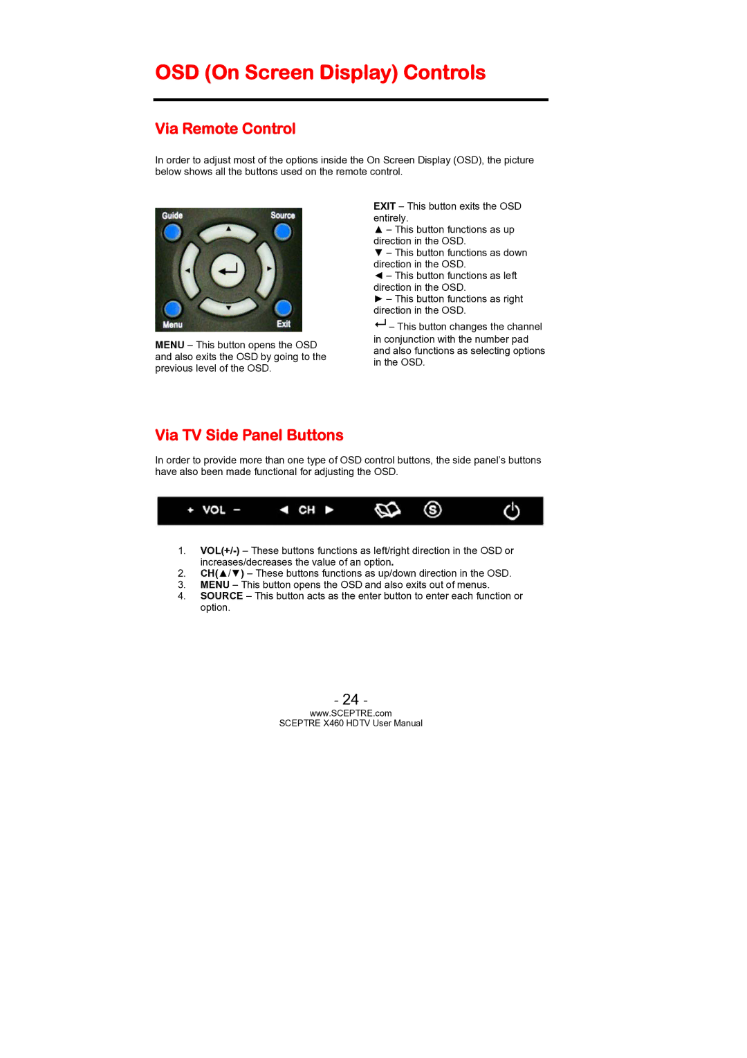 Sceptre Technologies X460 user manual OSD On Screen Display Controls, Via Remote Control, Via TV Side Panel Buttons 