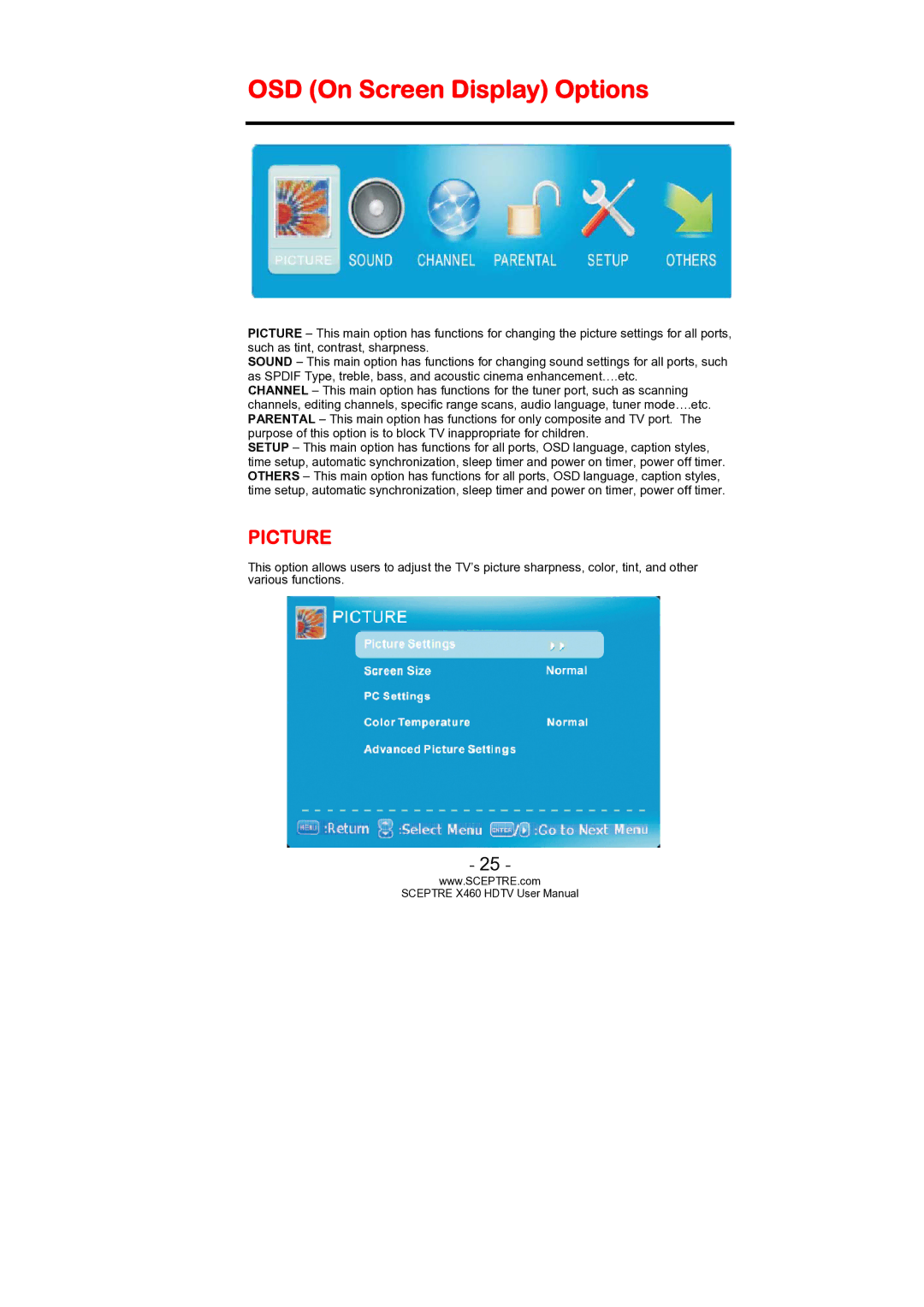Sceptre Technologies X460 user manual OSD On Screen Display Options, Picture 