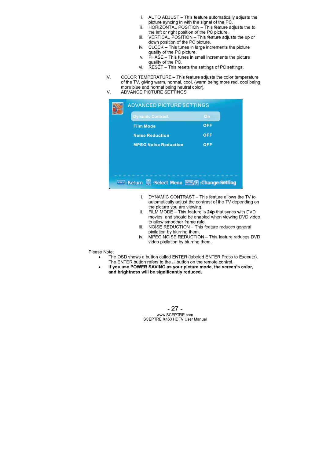 Sceptre Technologies X460 user manual Advance Picture Settings 