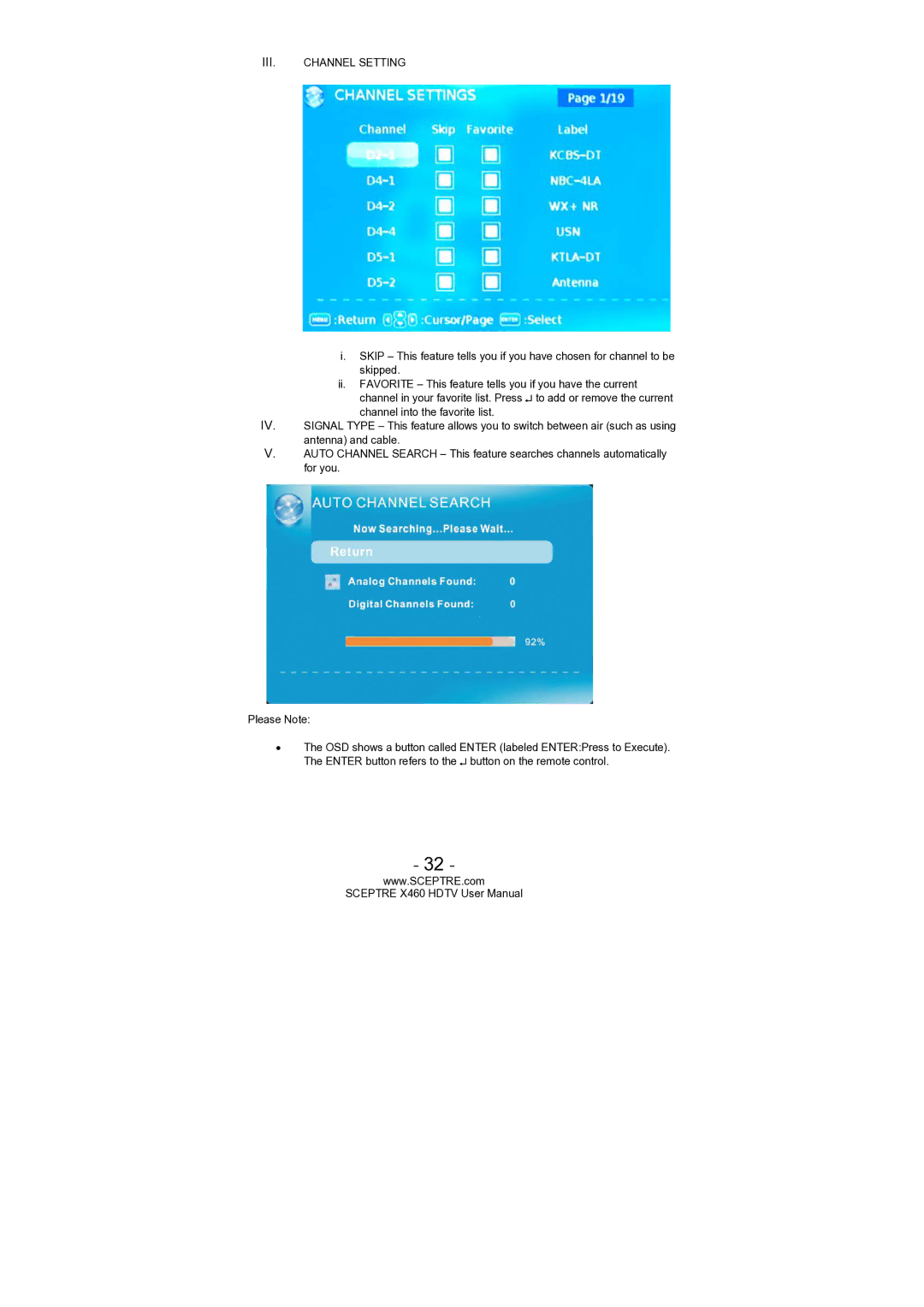 Sceptre Technologies X460 user manual III. Channel Setting 