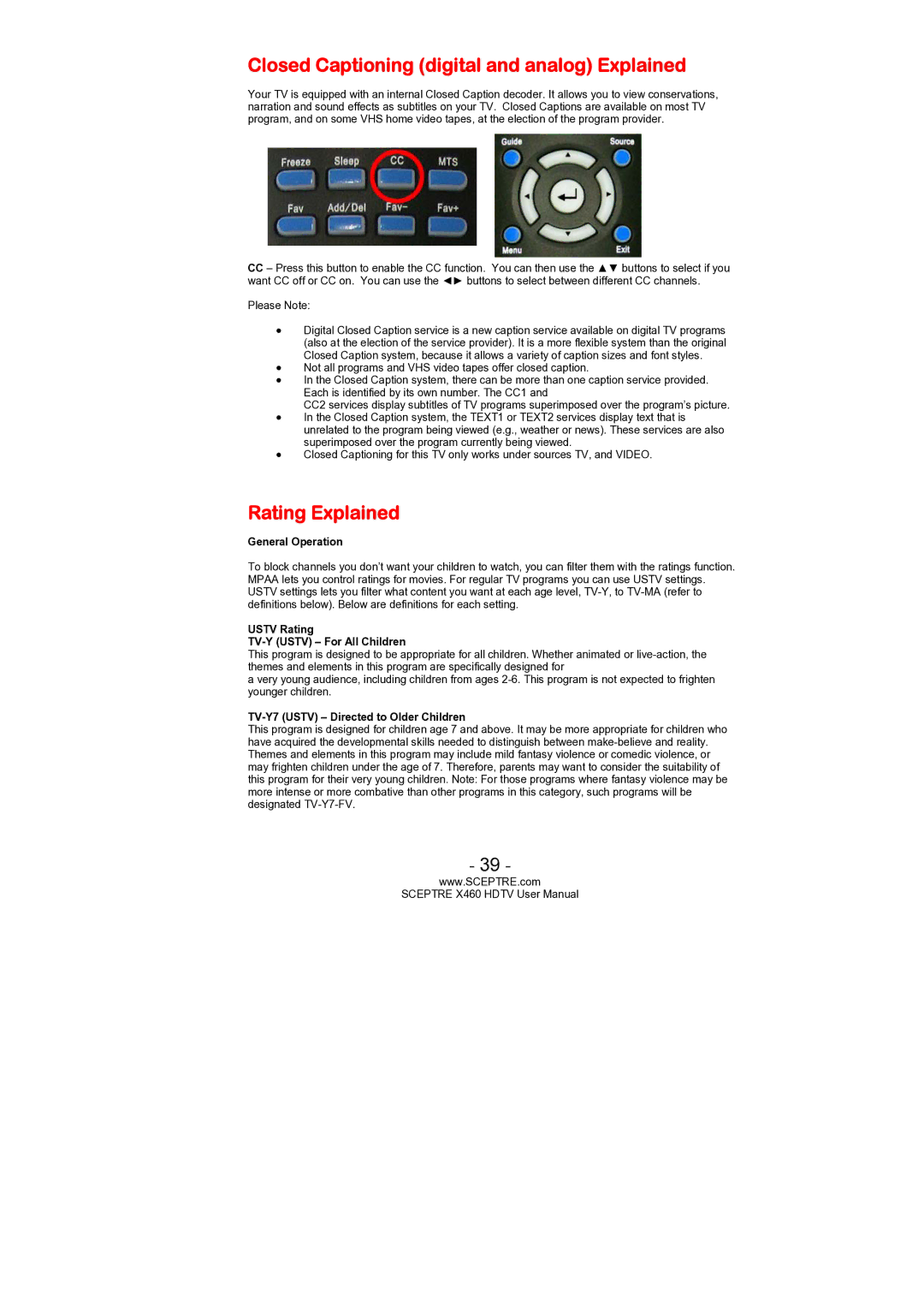 Sceptre Technologies X460 user manual Closed Captioning digital and analog Explained, Rating Explained 