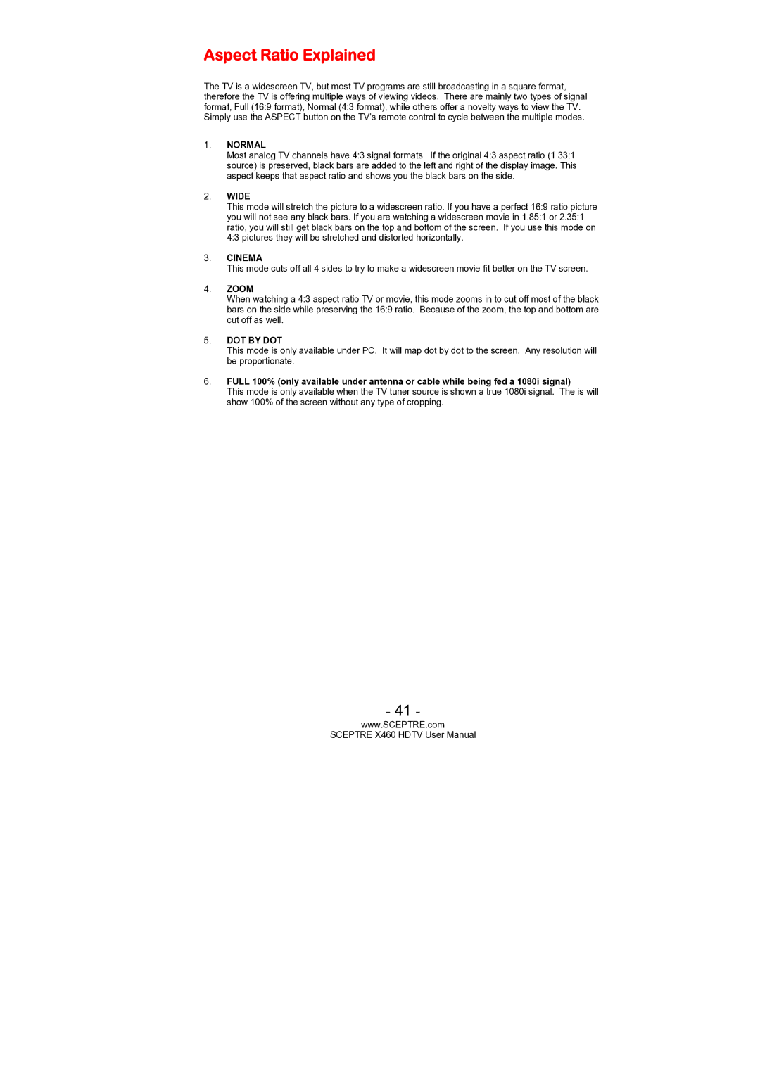 Sceptre Technologies X460 user manual Aspect Ratio Explained, Normal 