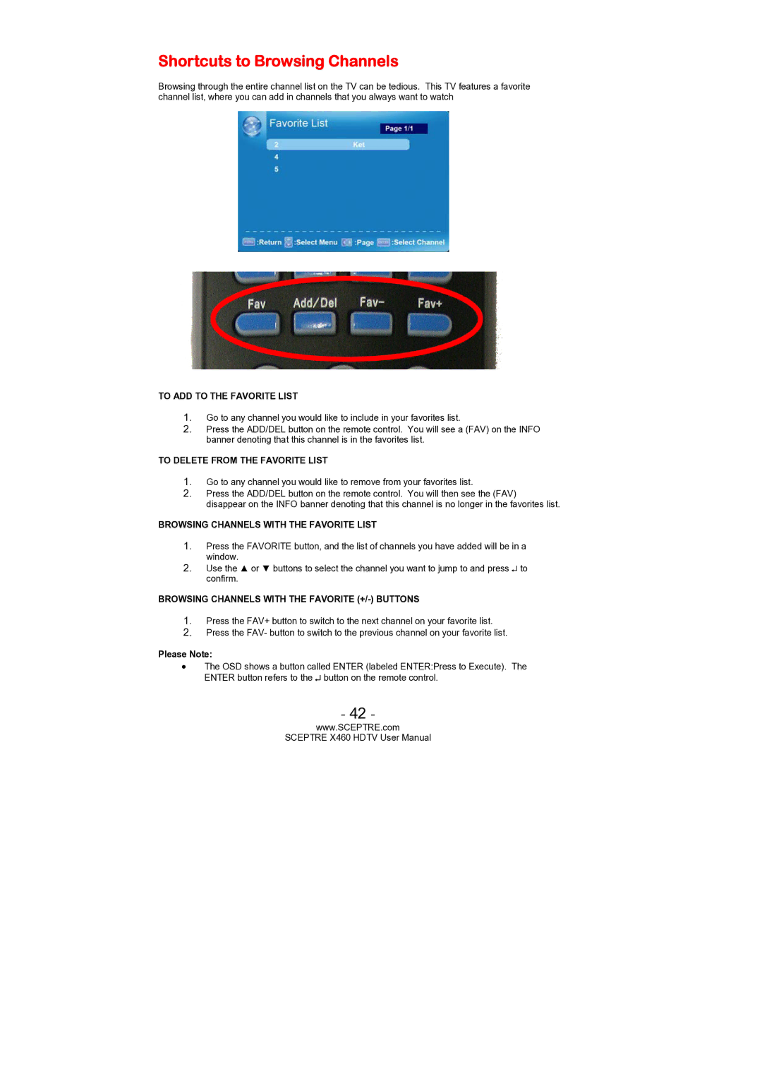 Sceptre Technologies X460 user manual Shortcuts to Browsing Channels, To ADD to the Favorite List 