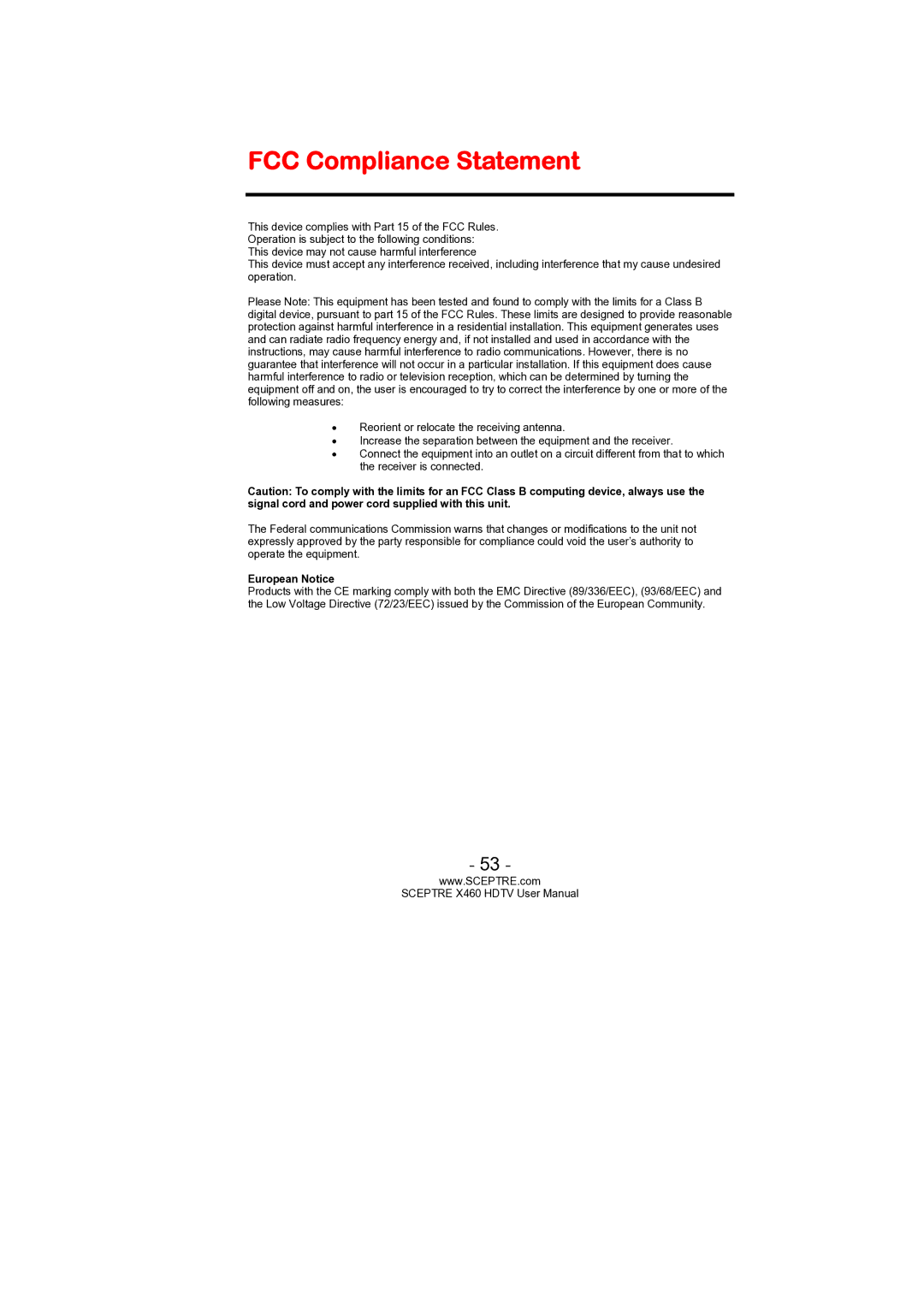 Sceptre Technologies X460 user manual FCC Compliance Statement, European Notice 