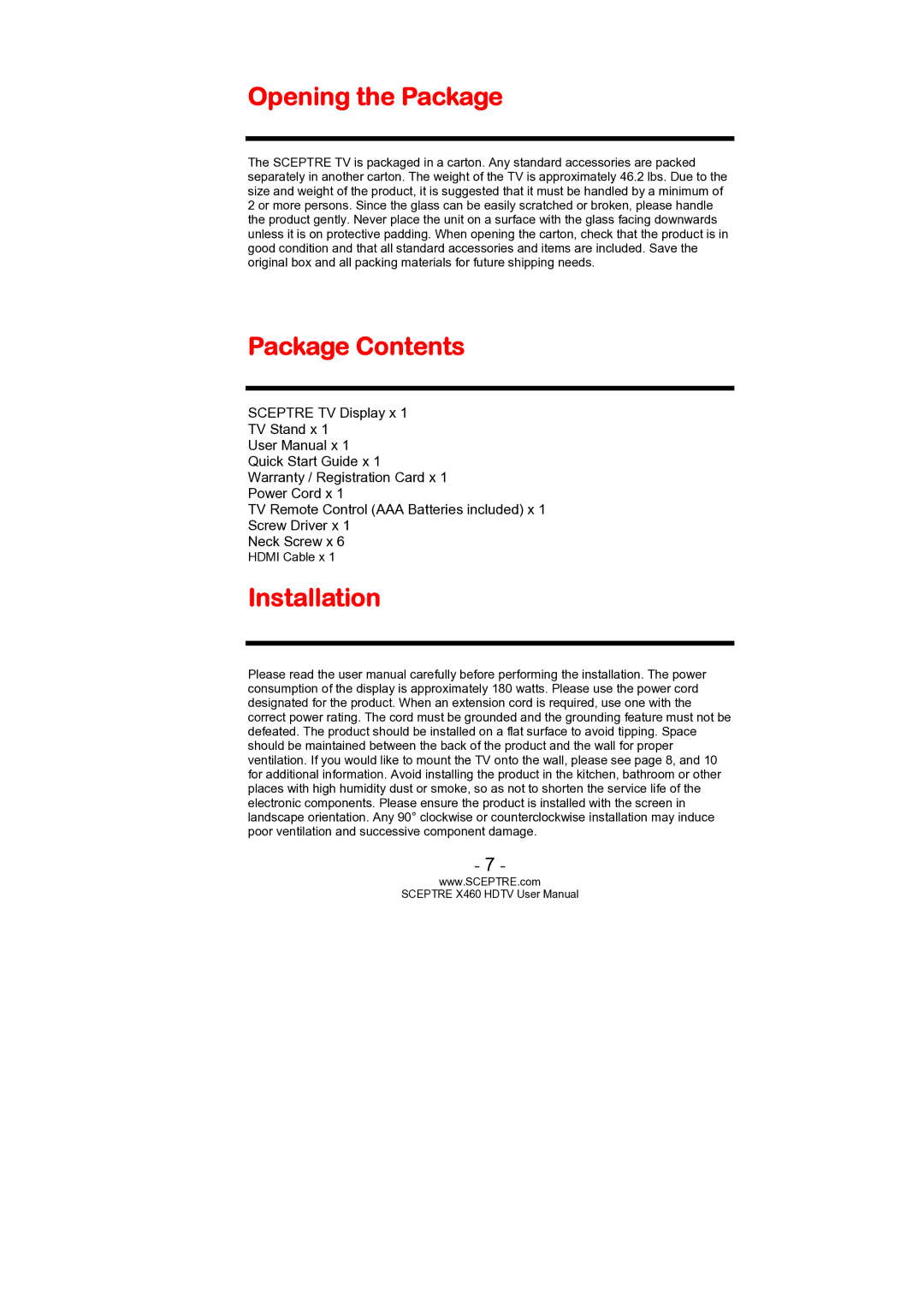 Sceptre Technologies X460 user manual Opening the Package, Package Contents, Installation 