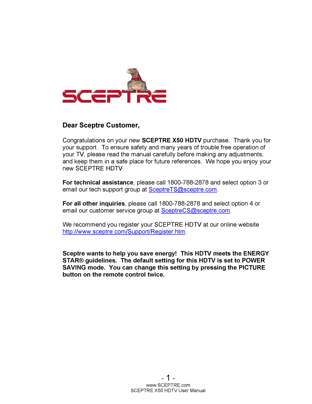 Sceptre Technologies X50 user manual Dear Sceptre Customer 