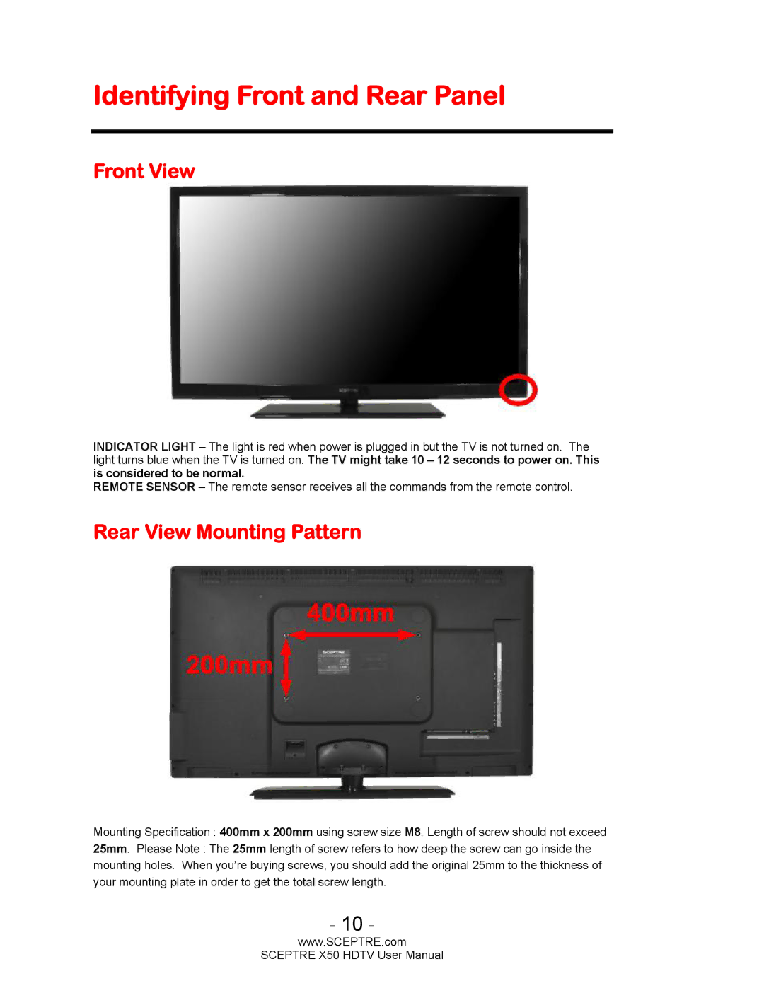 Sceptre Technologies X50 user manual Identifying Front and Rear Panel, Front View, Rear View Mounting Pattern 