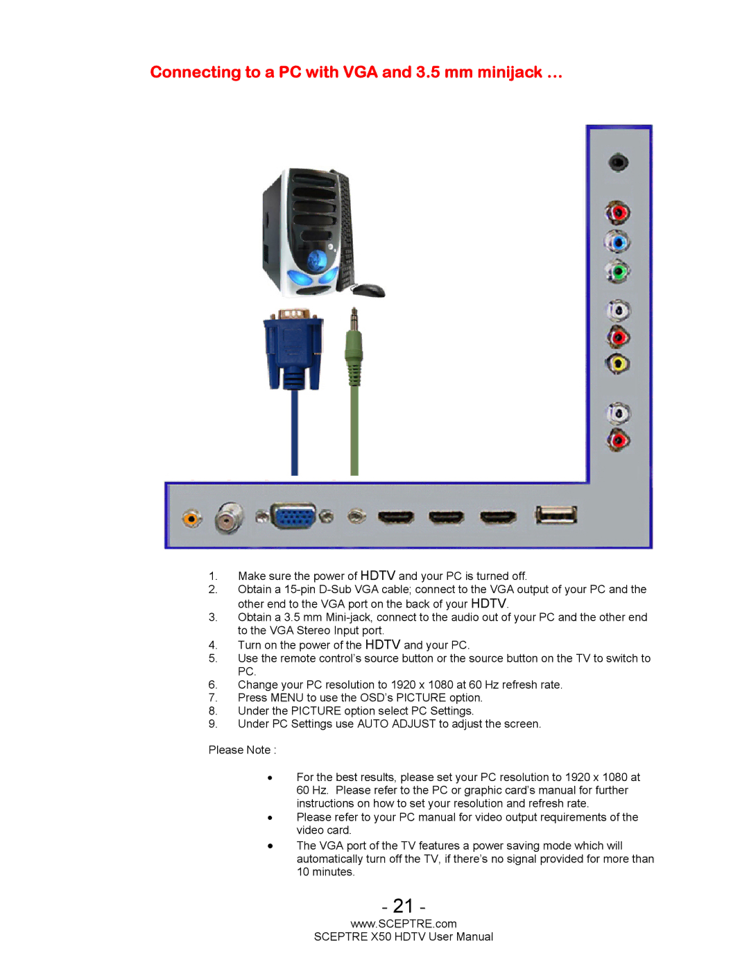 Sceptre Technologies X50 user manual Connecting to a PC with VGA and 3.5 mm minijack … 