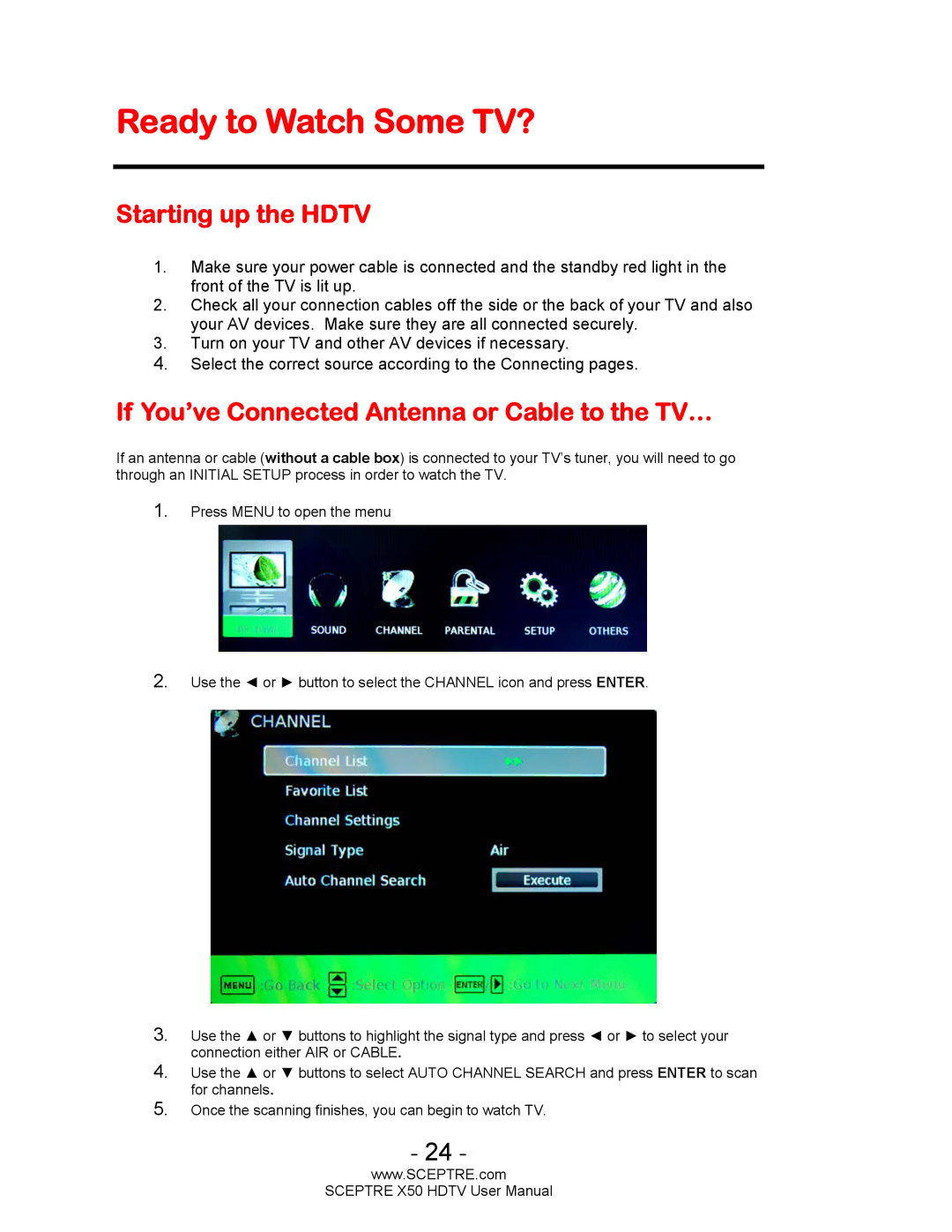 Sceptre Technologies X50 Ready to Watch Some TV?, Starting up the Hdtv, If You’ve Connected Antenna or Cable to the TV… 