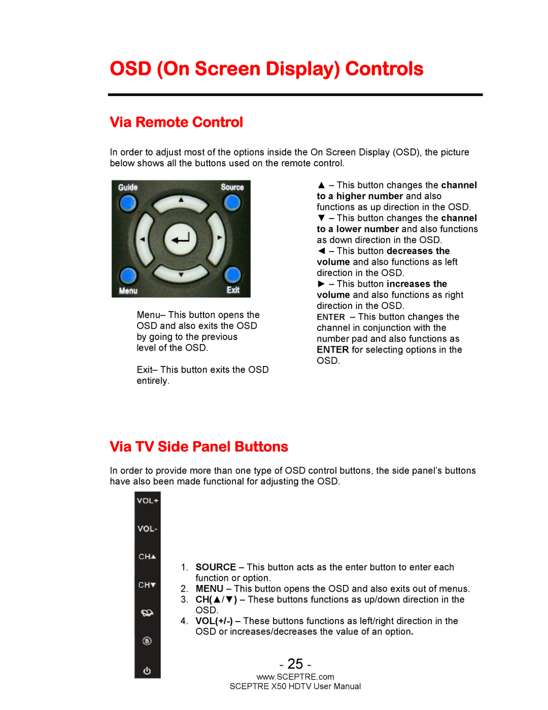 Sceptre Technologies X50 user manual OSD On Screen Display Controls, Via Remote Control, Via TV Side Panel Buttons 