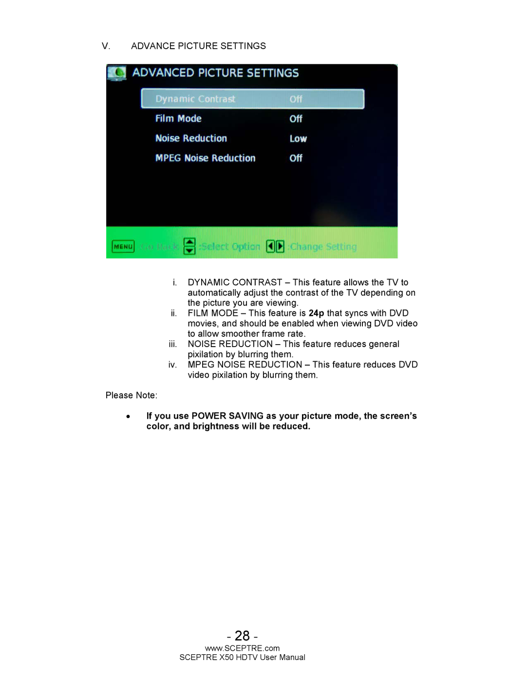 Sceptre Technologies X50 user manual Advance Picture Settings 