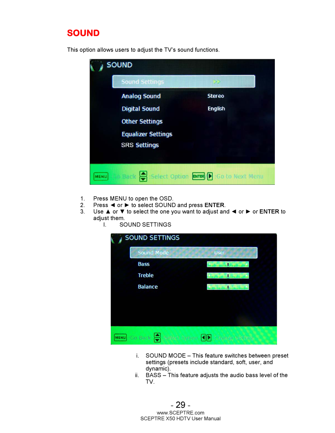 Sceptre Technologies X50 user manual Sound 