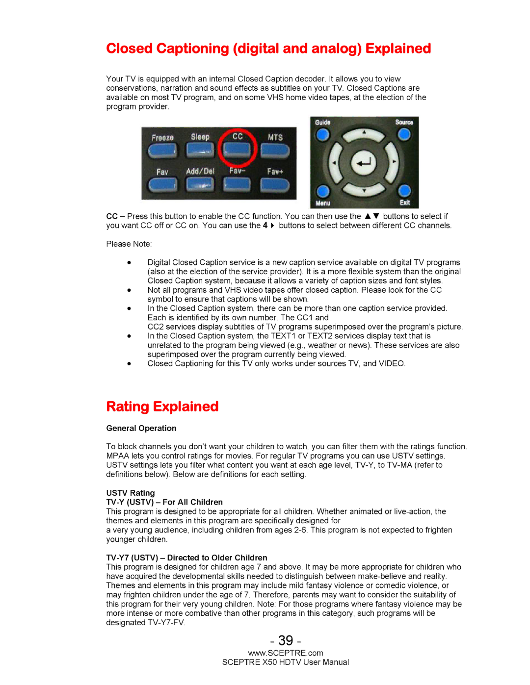 Sceptre Technologies X50 user manual Closed Captioning digital and analog Explained, Rating Explained 