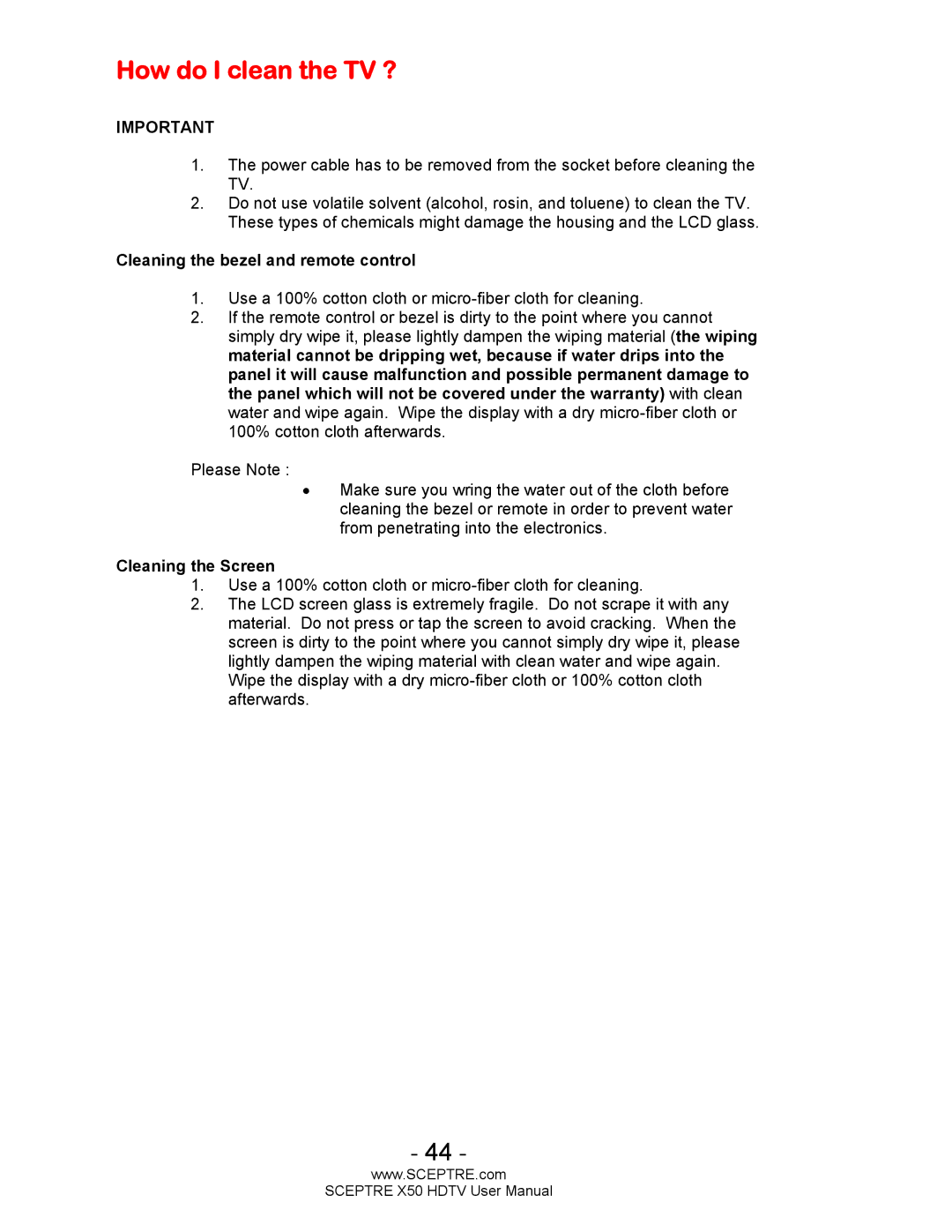 Sceptre Technologies X50 user manual How do I clean the TV ?, Cleaning the bezel and remote control 