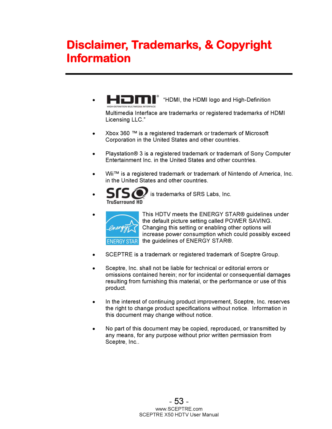 Sceptre Technologies X50 user manual Disclaimer, Trademarks, & Copyright Information 