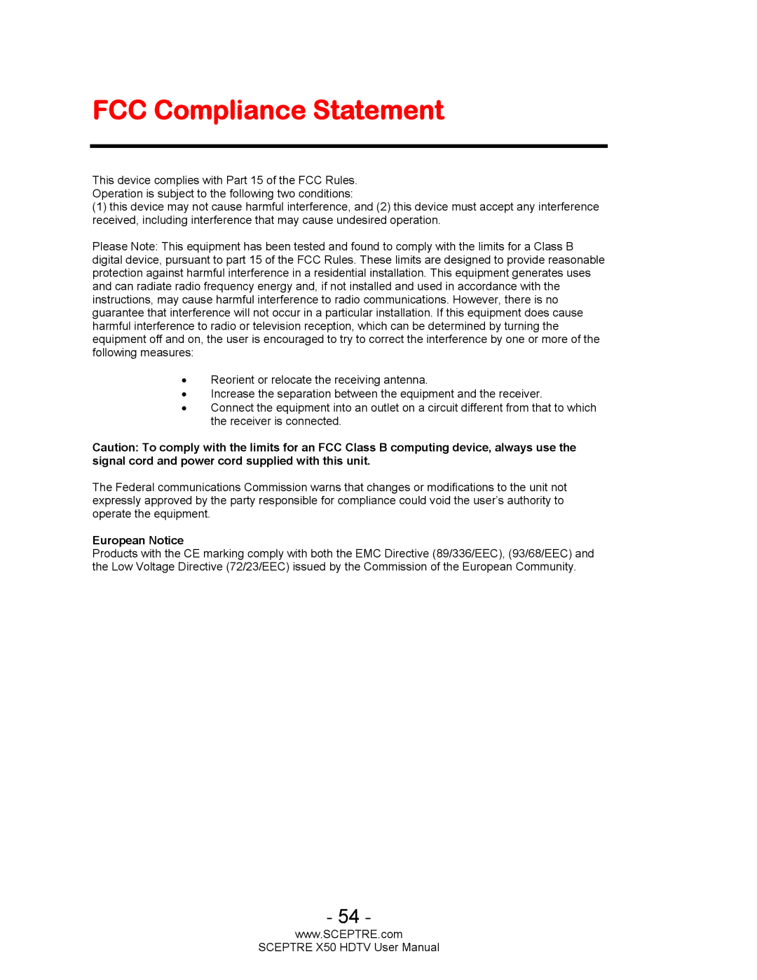 Sceptre Technologies X50 user manual FCC Compliance Statement, European Notice 