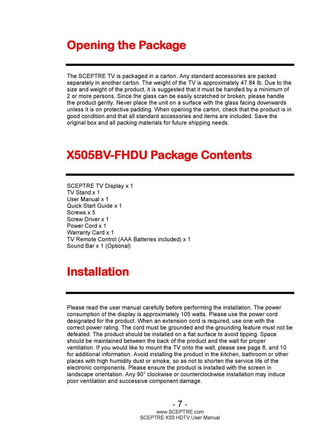 Sceptre Technologies user manual Opening the Package, X505BV-FHDU Package Contents, Installation 