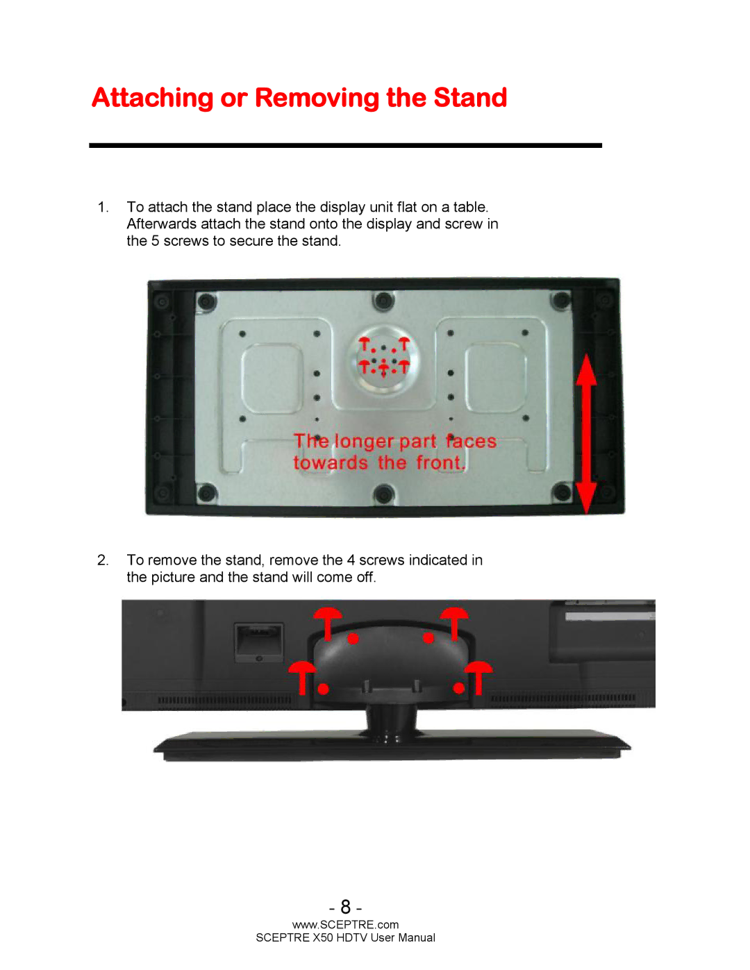 Sceptre Technologies X50 user manual Attaching or Removing the Stand 